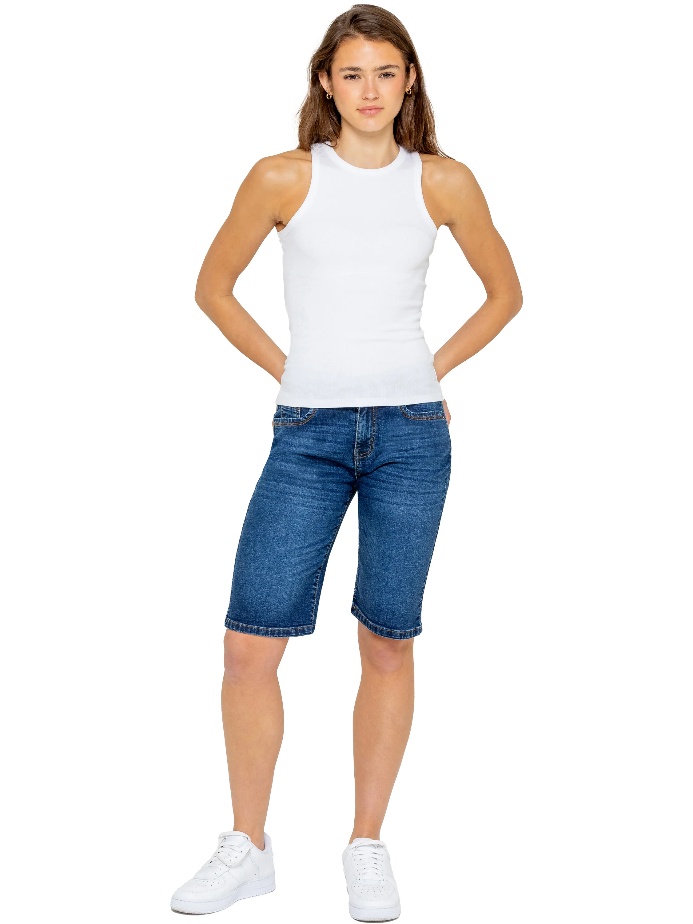 Alyssa Stretch Denim Mom Shorts - Blue