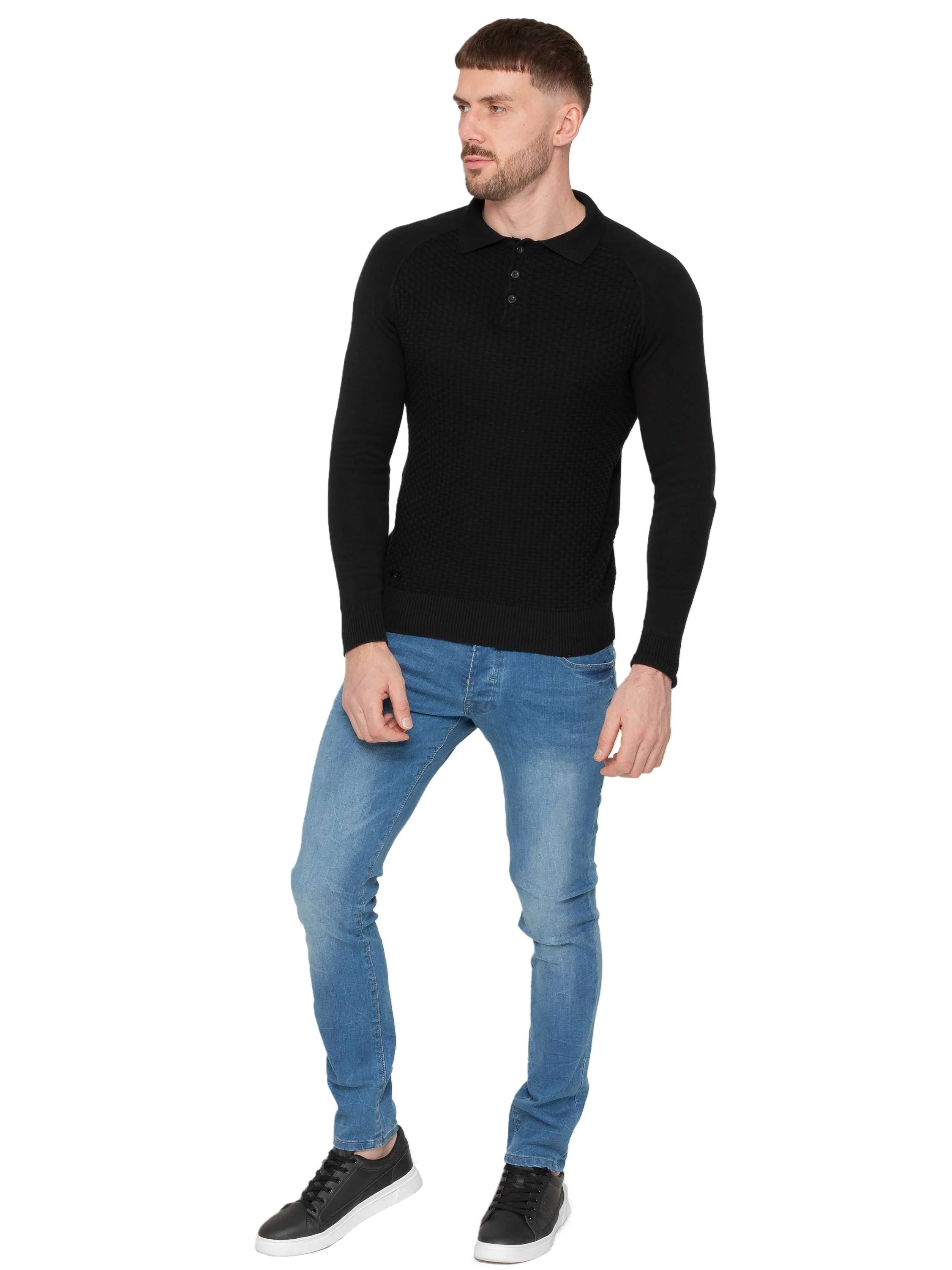 Collar Neck Waffle Texture Jumper - Black - Image 3