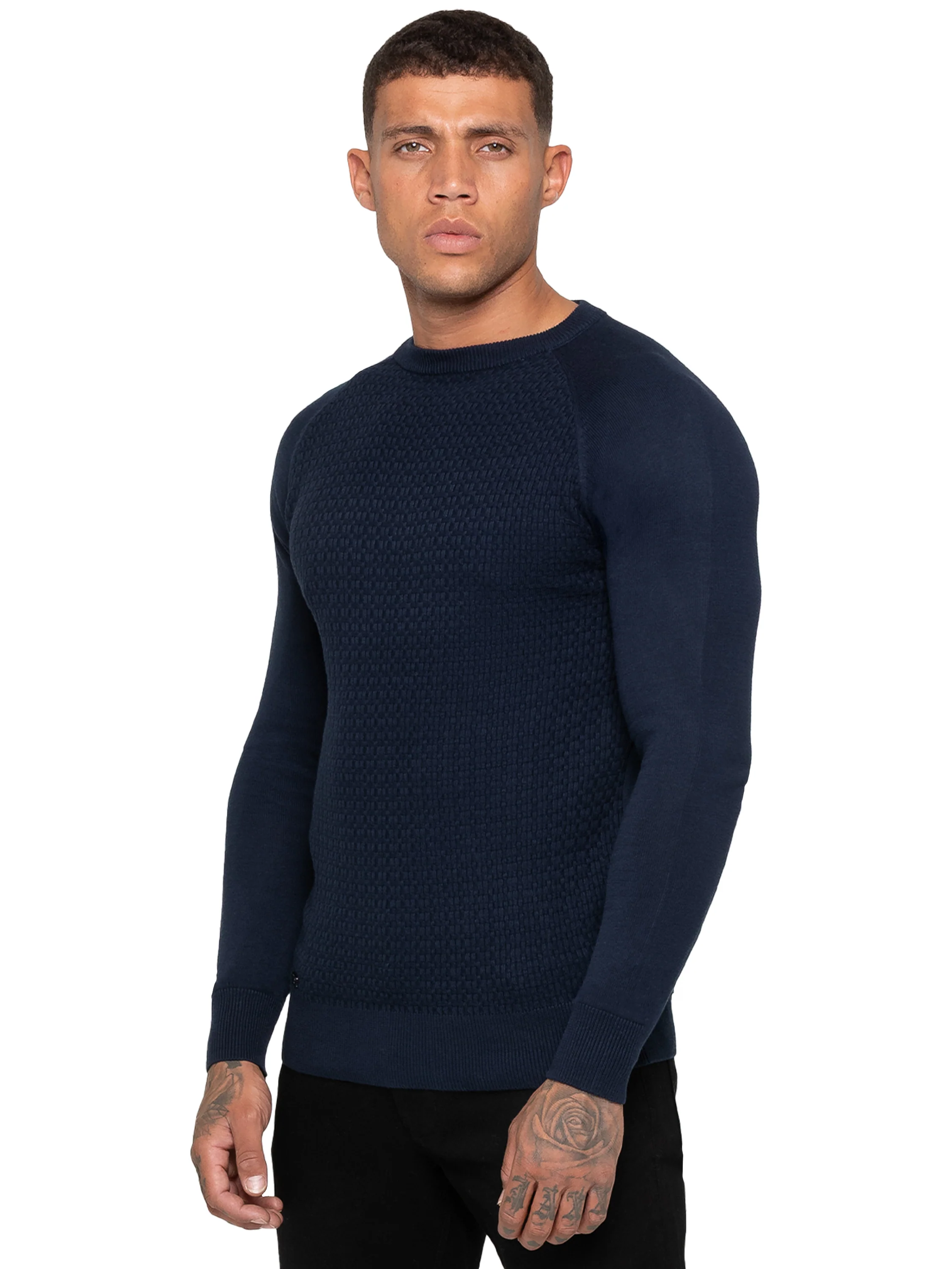 Cotton Crew Neck Casual Textured Jumper - Navy
