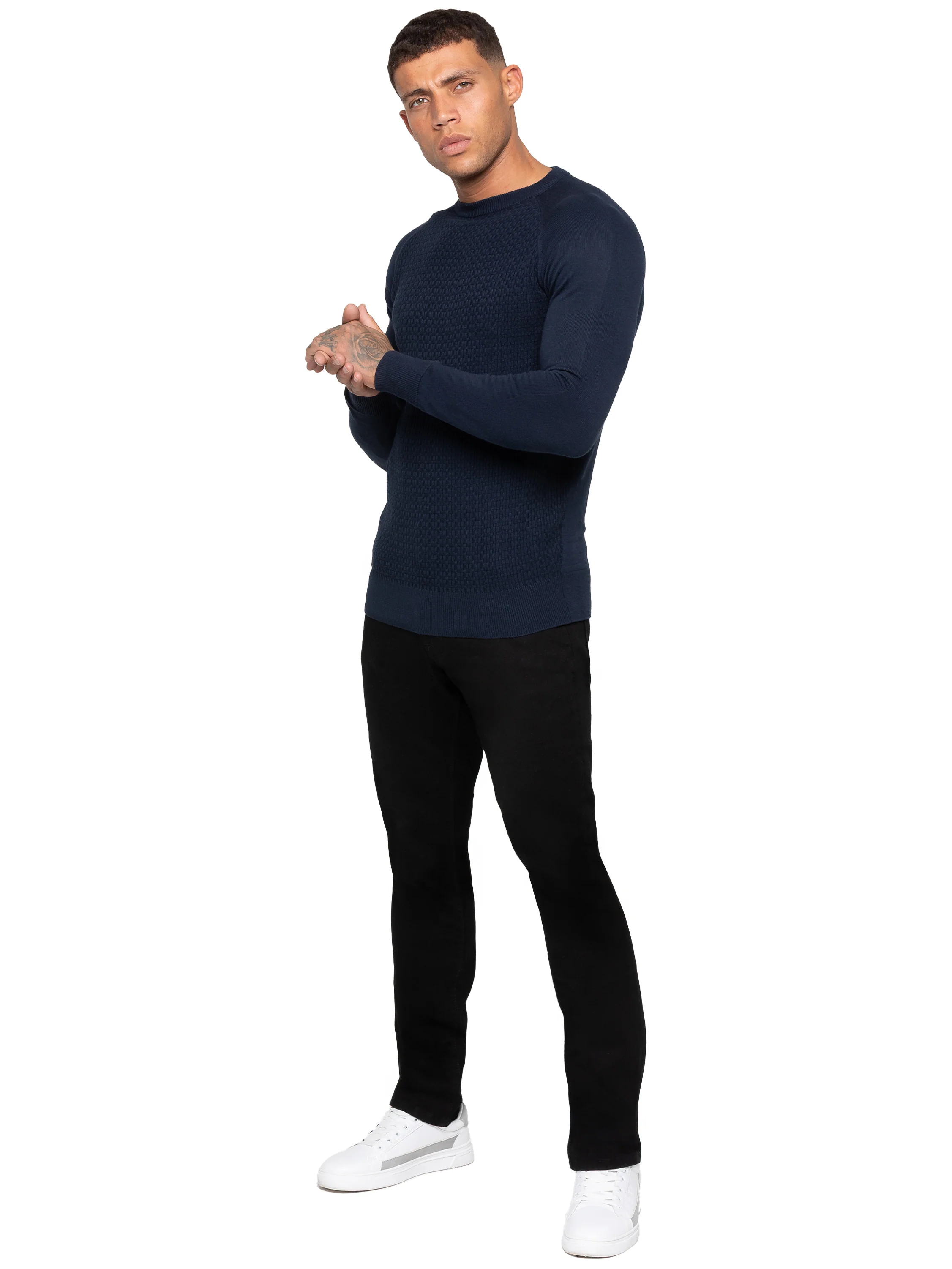 Cotton Crew Neck Casual Textured Jumper - Navy - Image 3