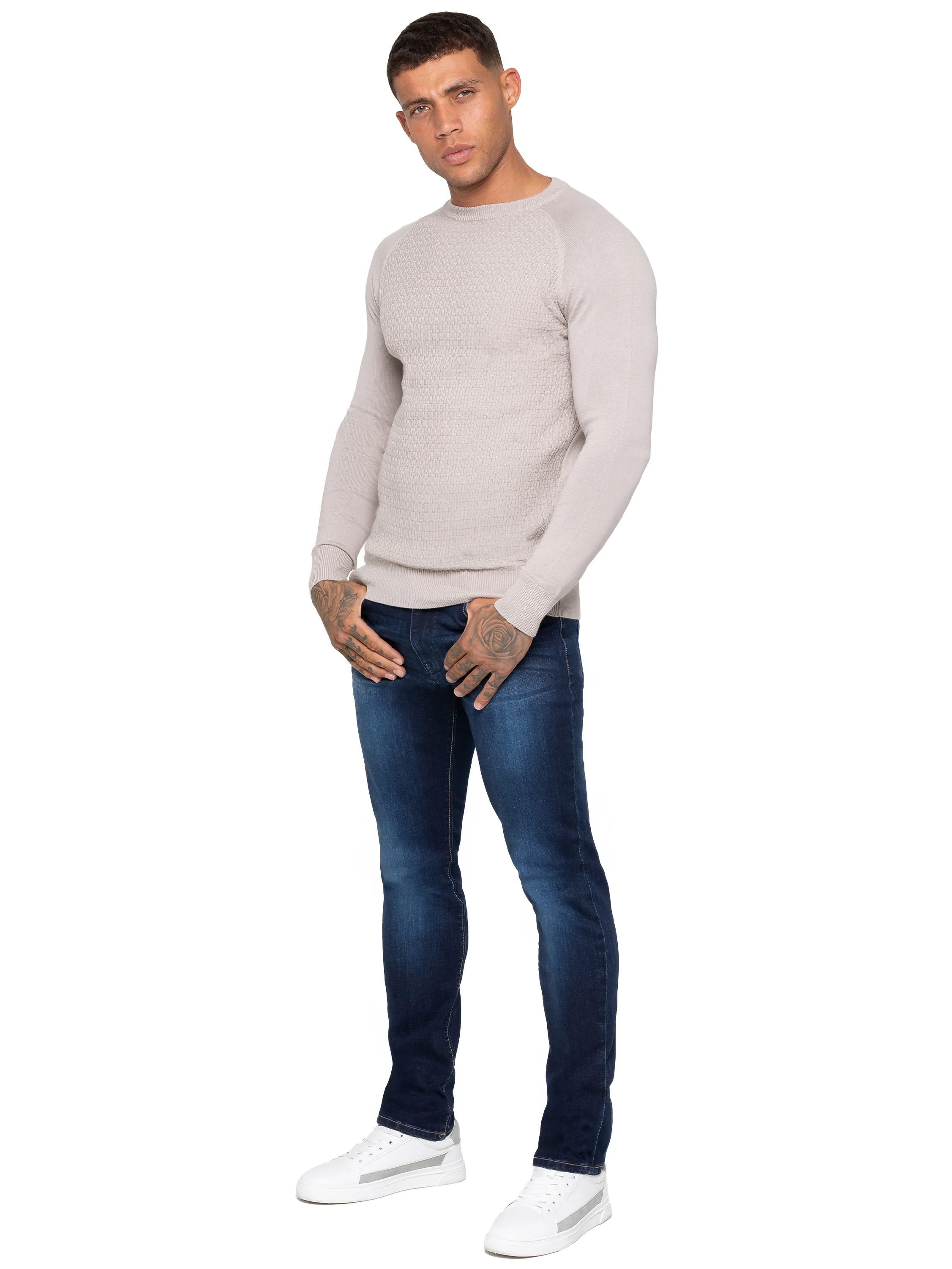 Cotton Crew Neck Casual Textured Jumper - Stone - Image 3