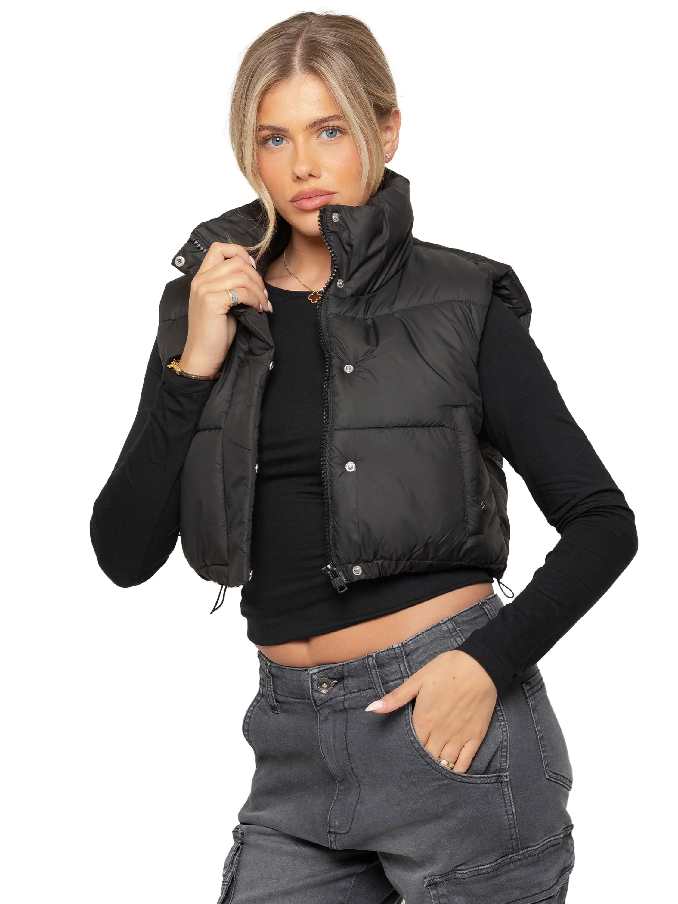 Crop Puffer Gilet - Black - Image 3