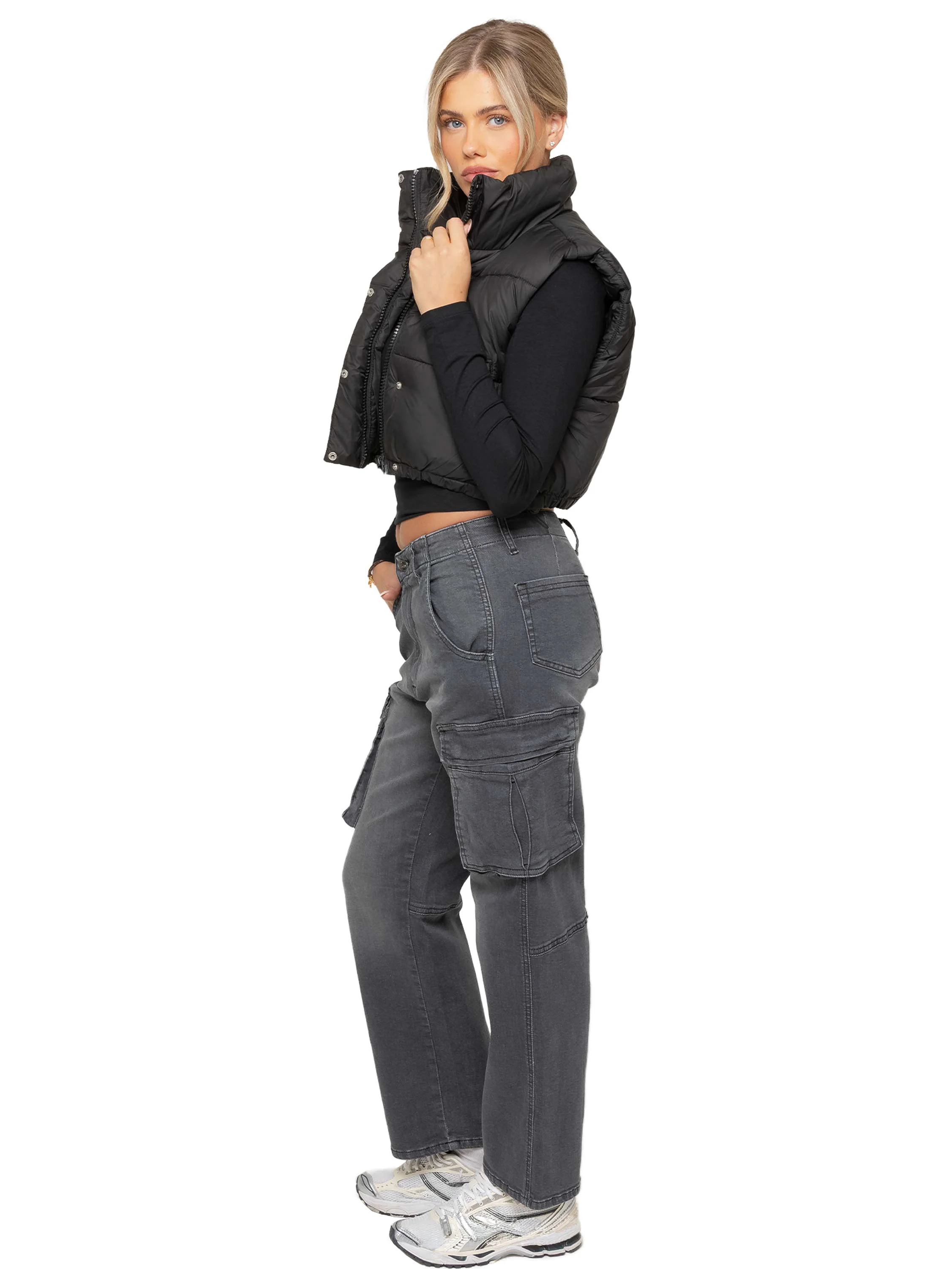 Crop Puffer Gilet - Black - Image 6