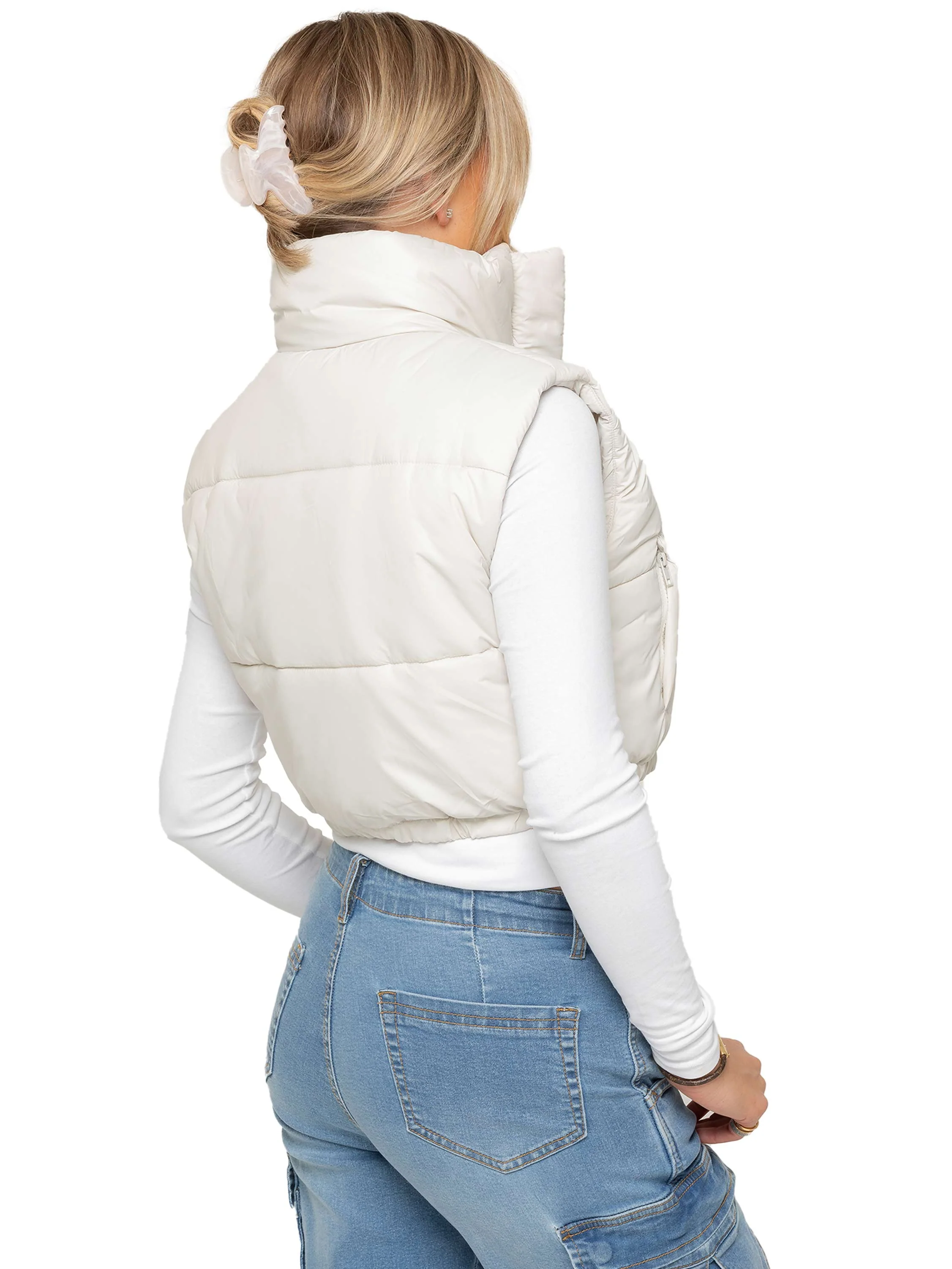 Crop Puffer Gilet - Off White - Image 3