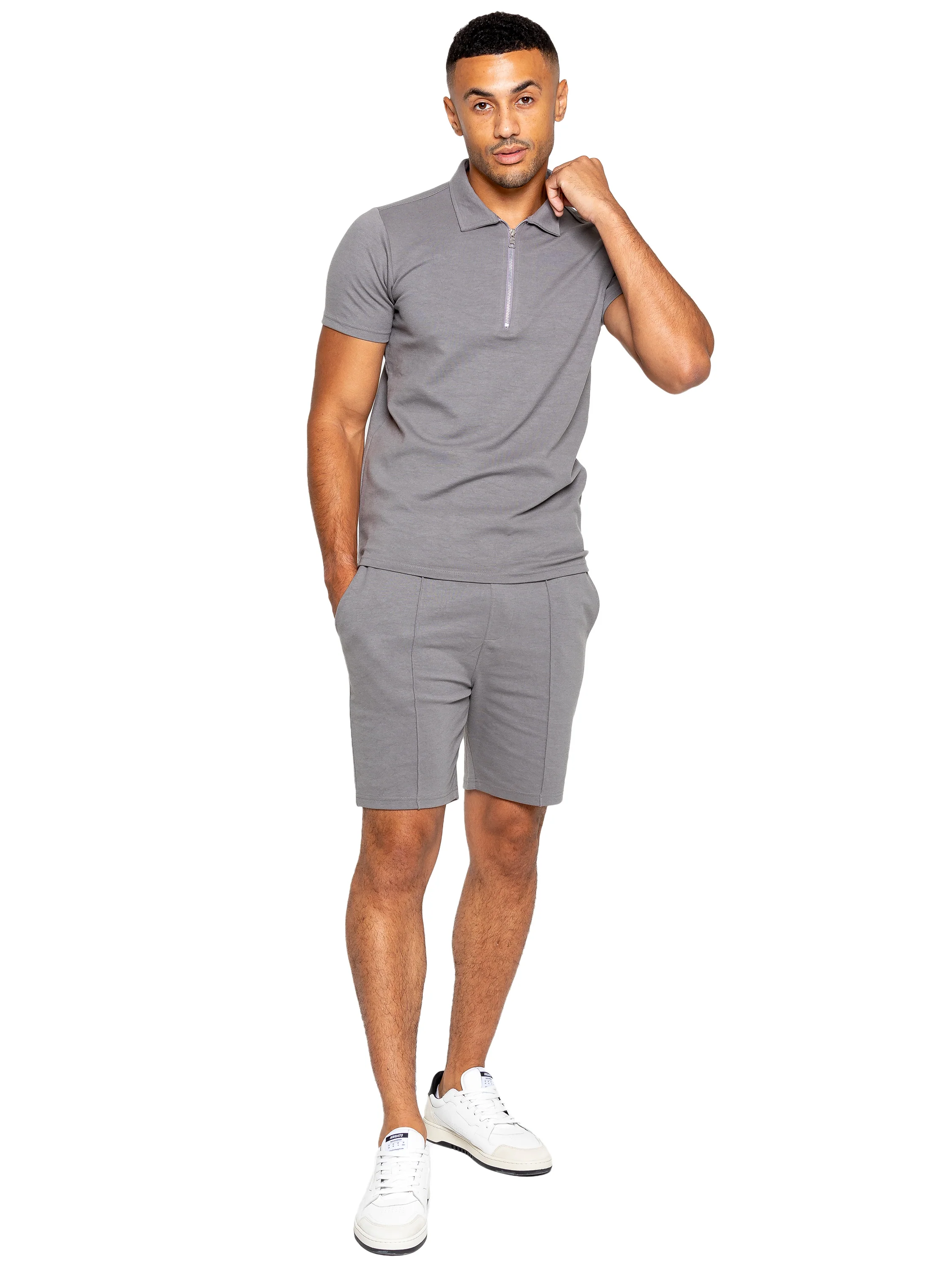 Karson Cotton Zip Polo Shirt and Shorts Set - Grey