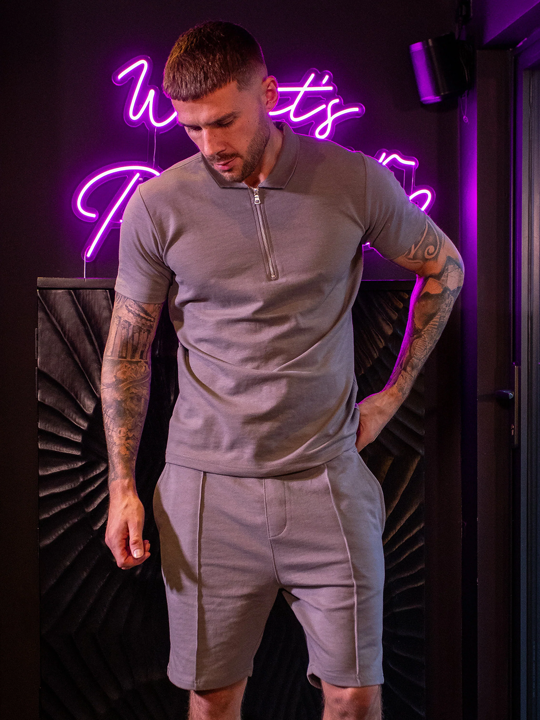 Karson Cotton Zip Polo Shirt and Shorts Set - Grey - Image 2