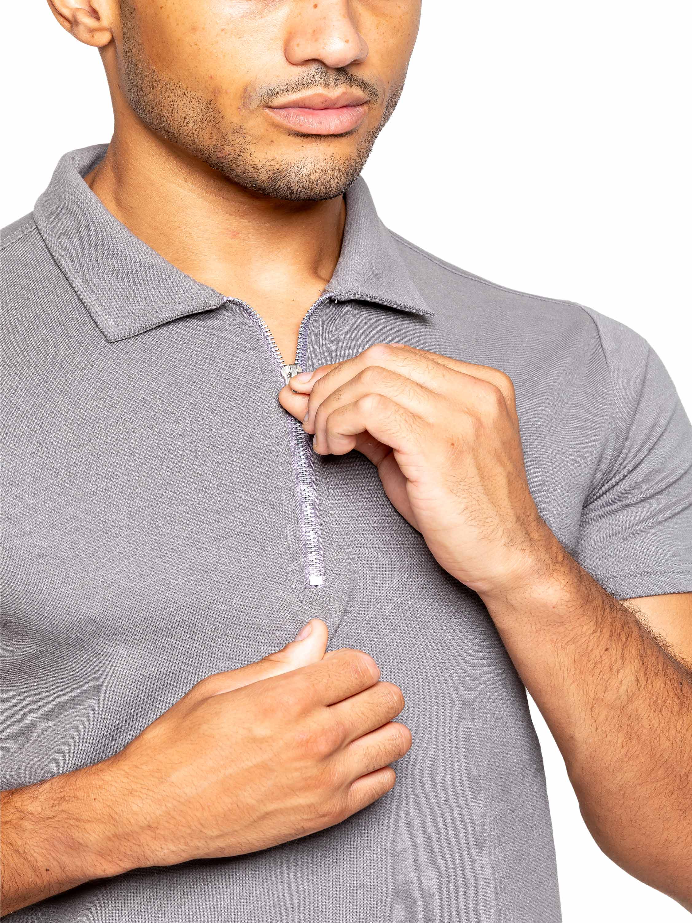 Karson Cotton Zip Polo Shirt and Shorts Set - Grey - Image 4