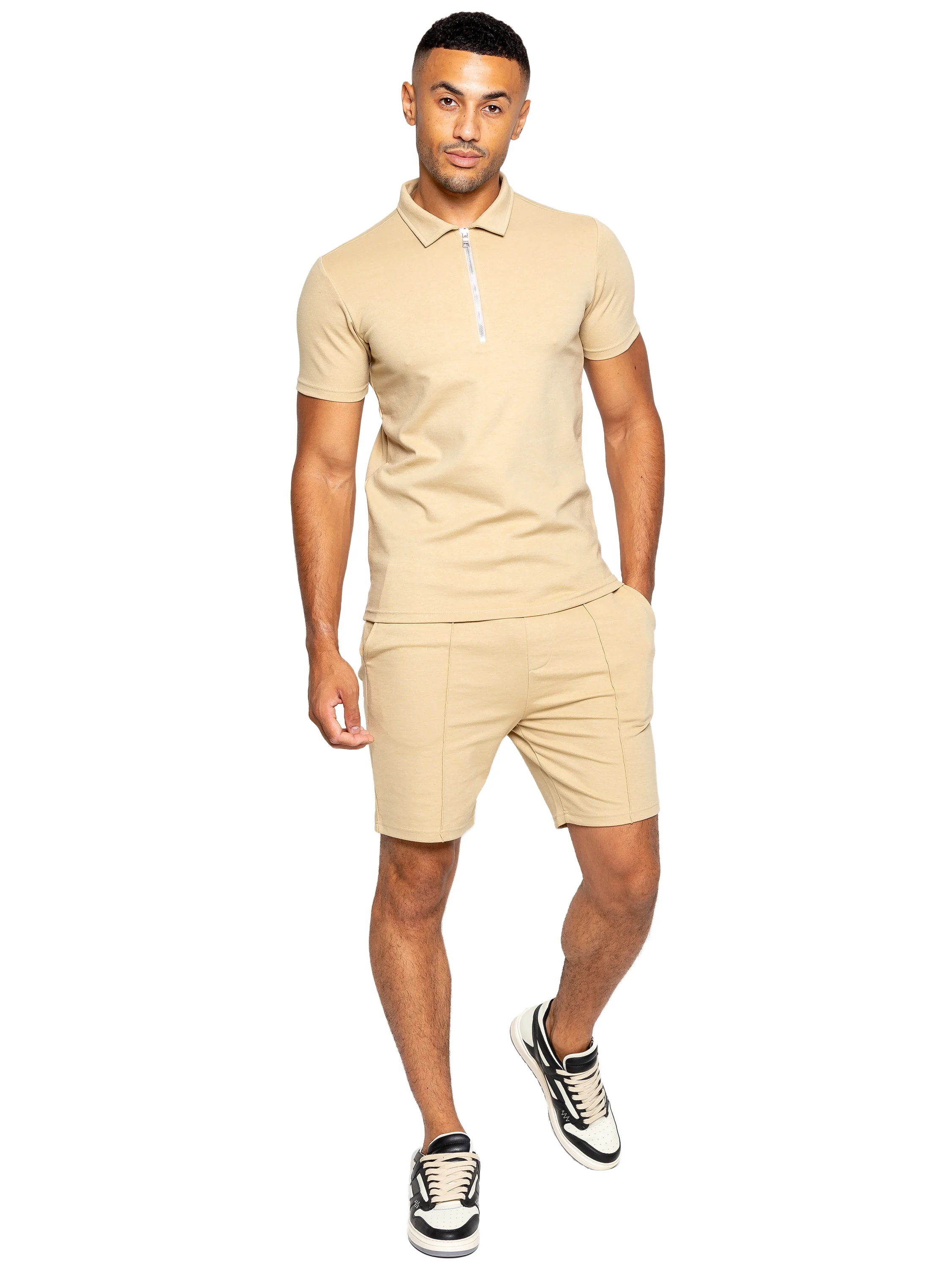 Karson Cotton Zip Polo Shirt and Shorts Set - Stone