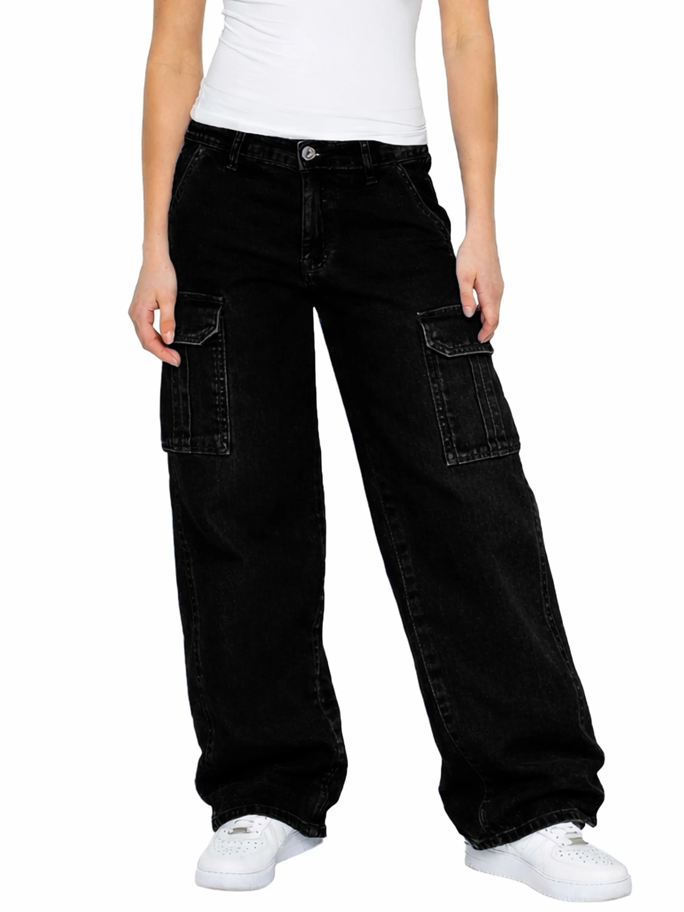 Kira Wide Leg Baggy Cargo Jeans - Black - Image 4