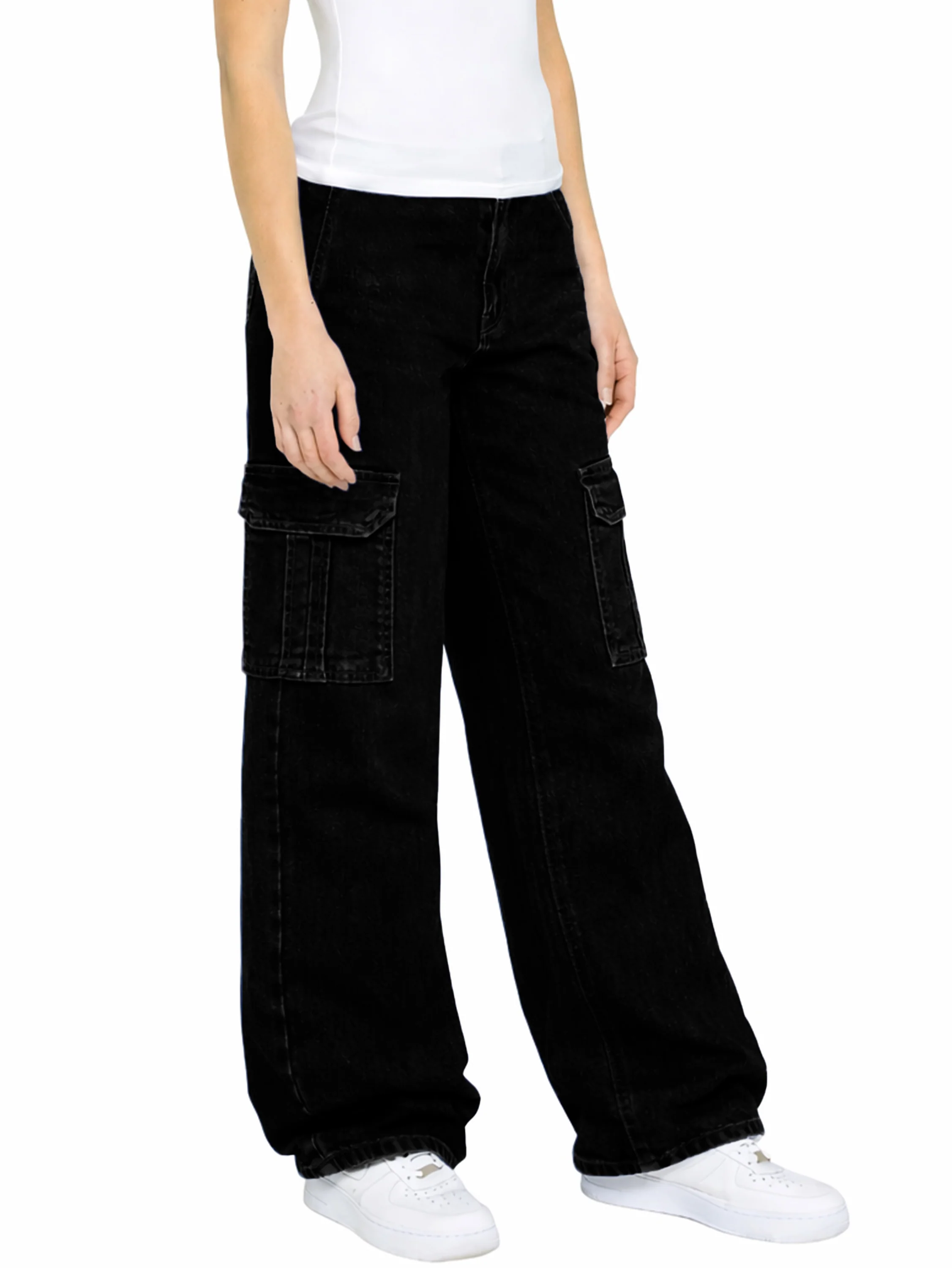 Kira Wide Leg Baggy Cargo Jeans - Black - Image 5