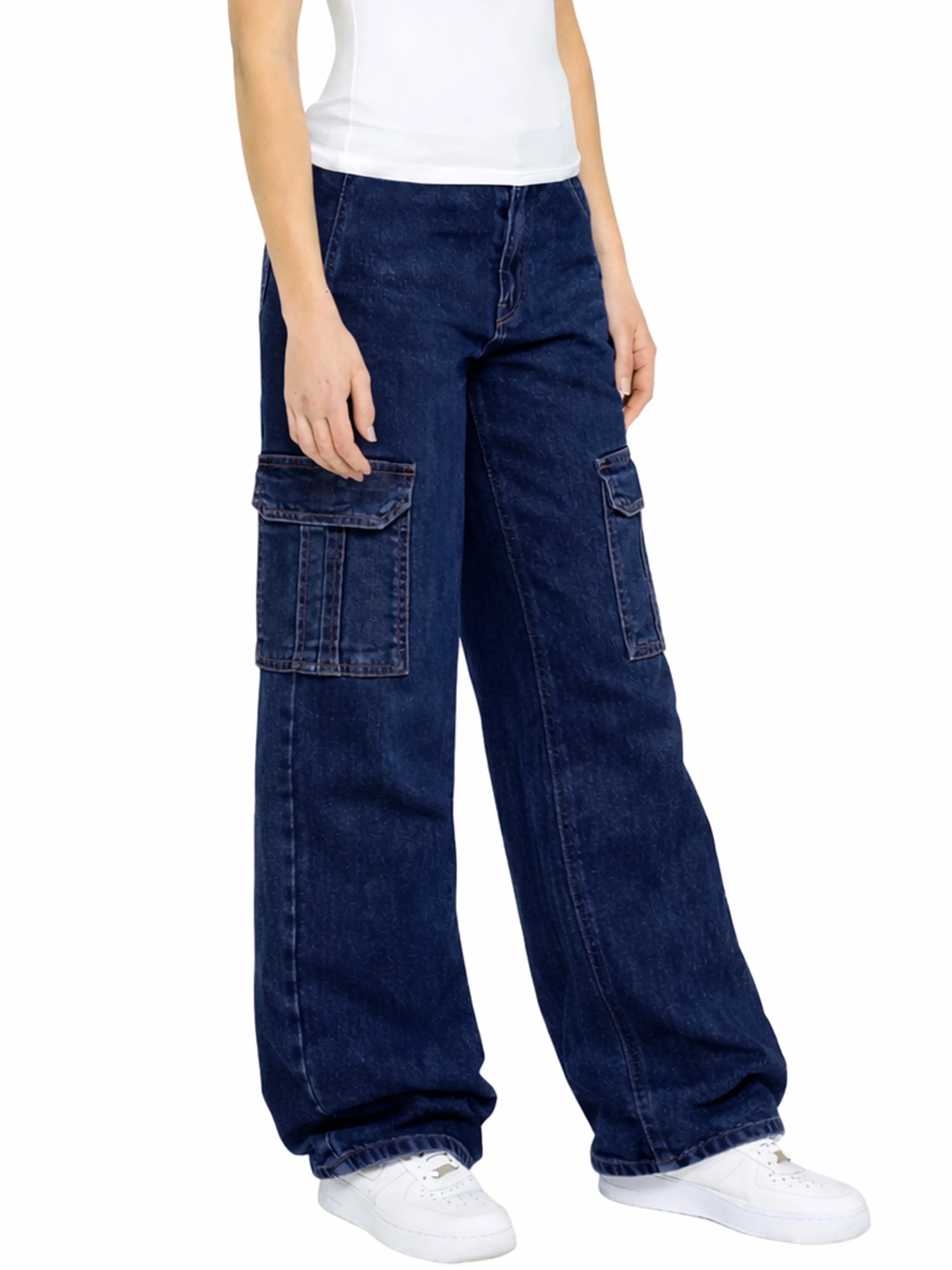 Kira Wide Leg Baggy Cargo Jeans - Dark Blue - Image 3