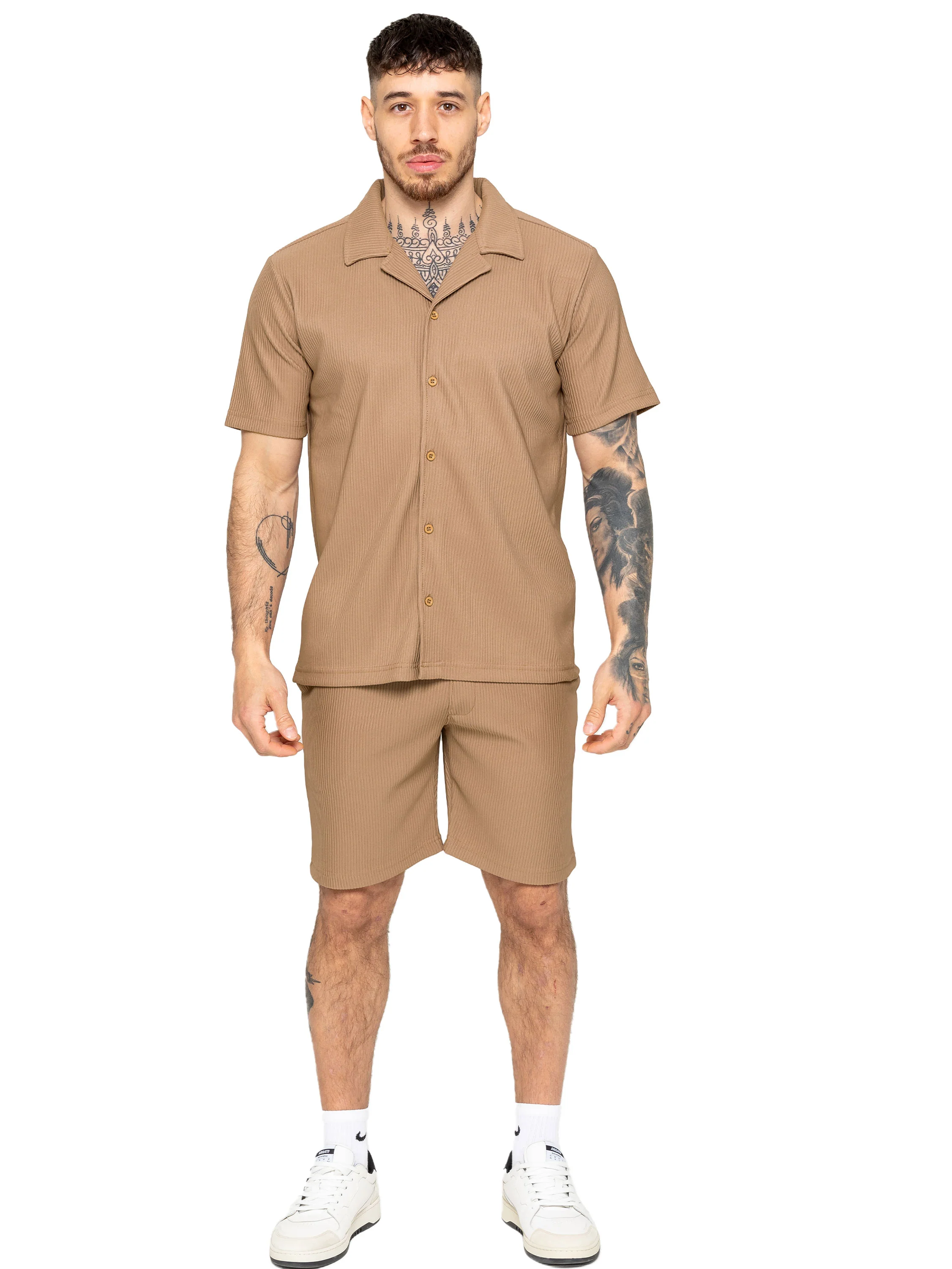 Matteo Pleated Shirt and Shorts Set - Beige - Image 4