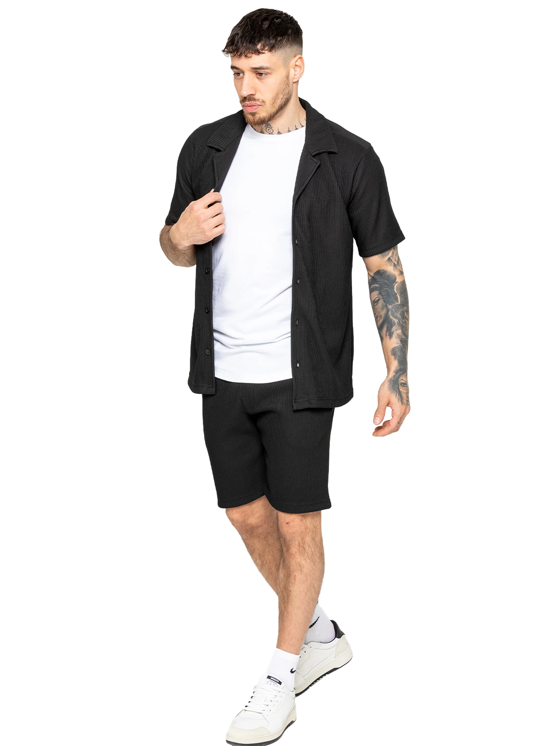 Matteo Pleated Shirt and Shorts Set - Black
