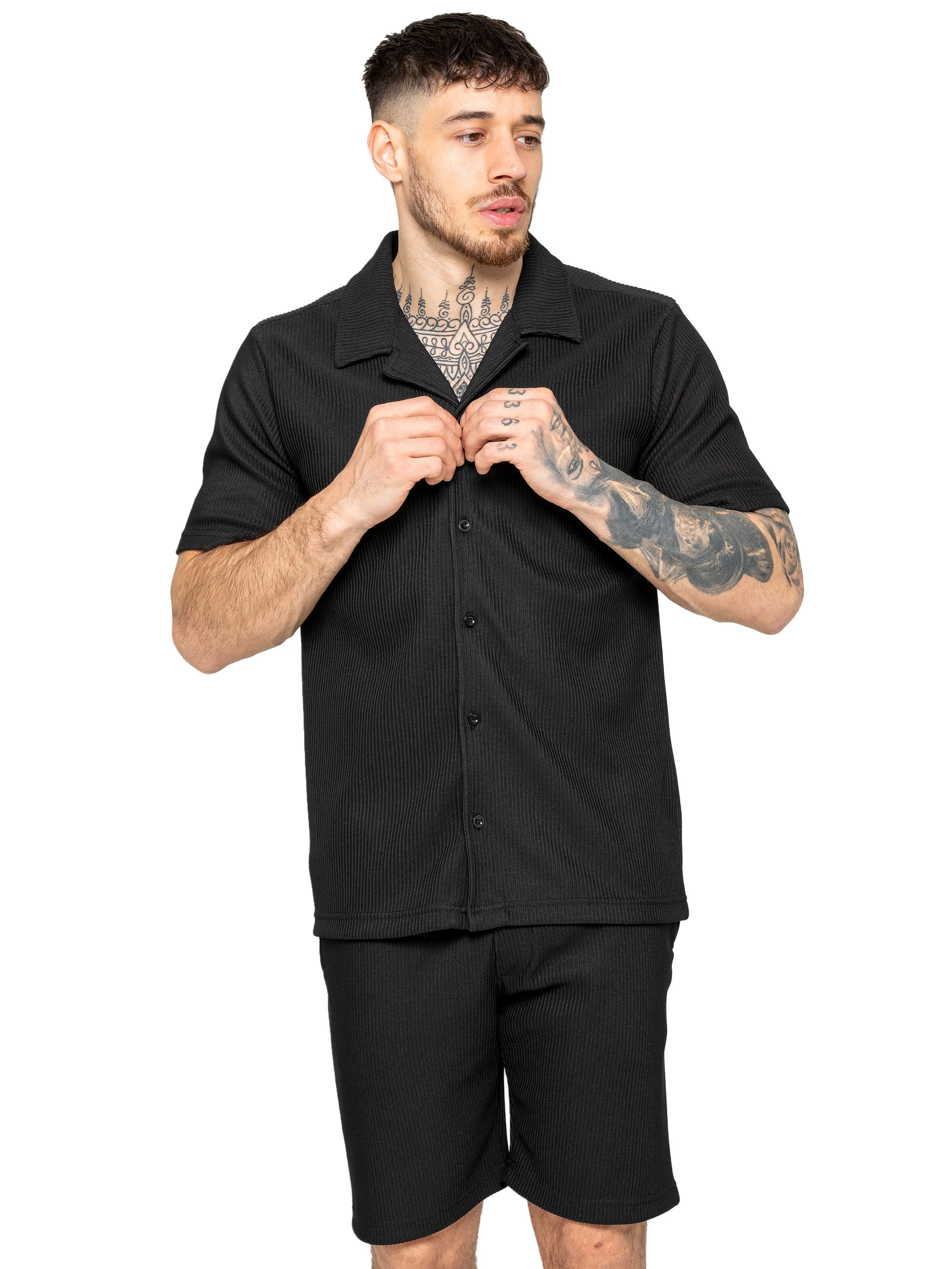 Matteo Pleated Shirt and Shorts Set - Black - Image 4
