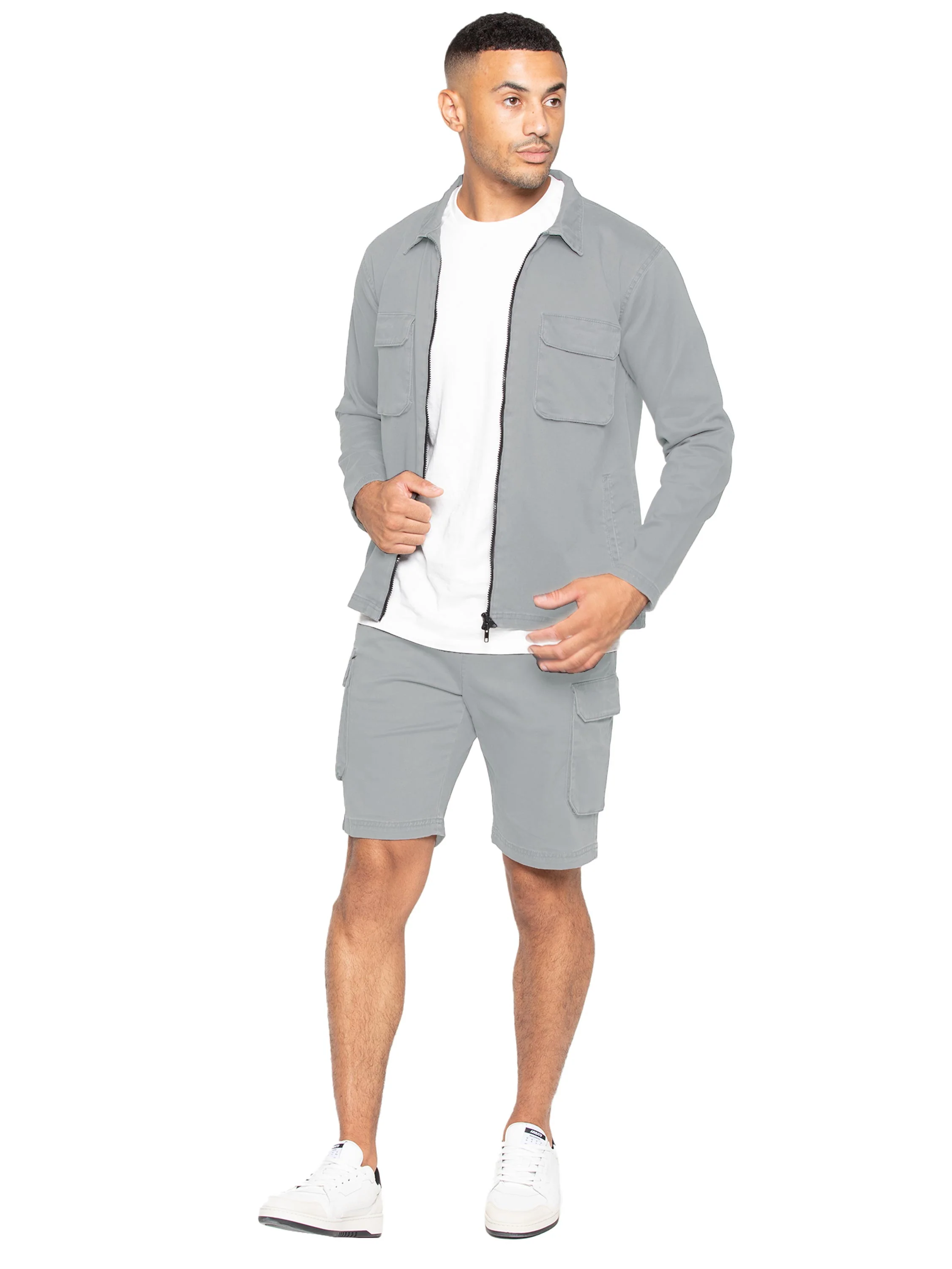 Nova Dye Cargo Jacket and Shorts Set - Light Grey