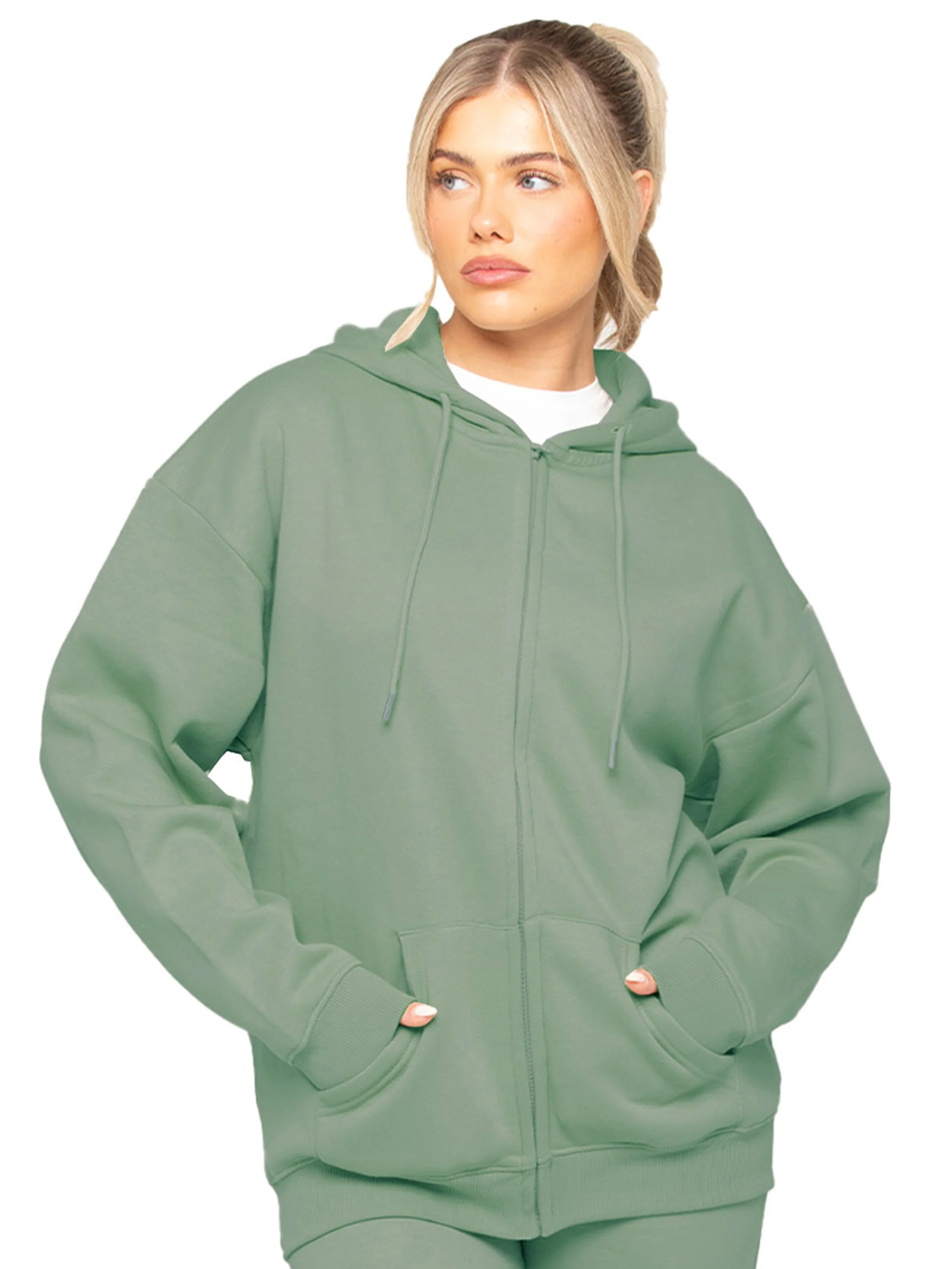 Oversized Essential Zip Hoodie - Khaki - Image 2