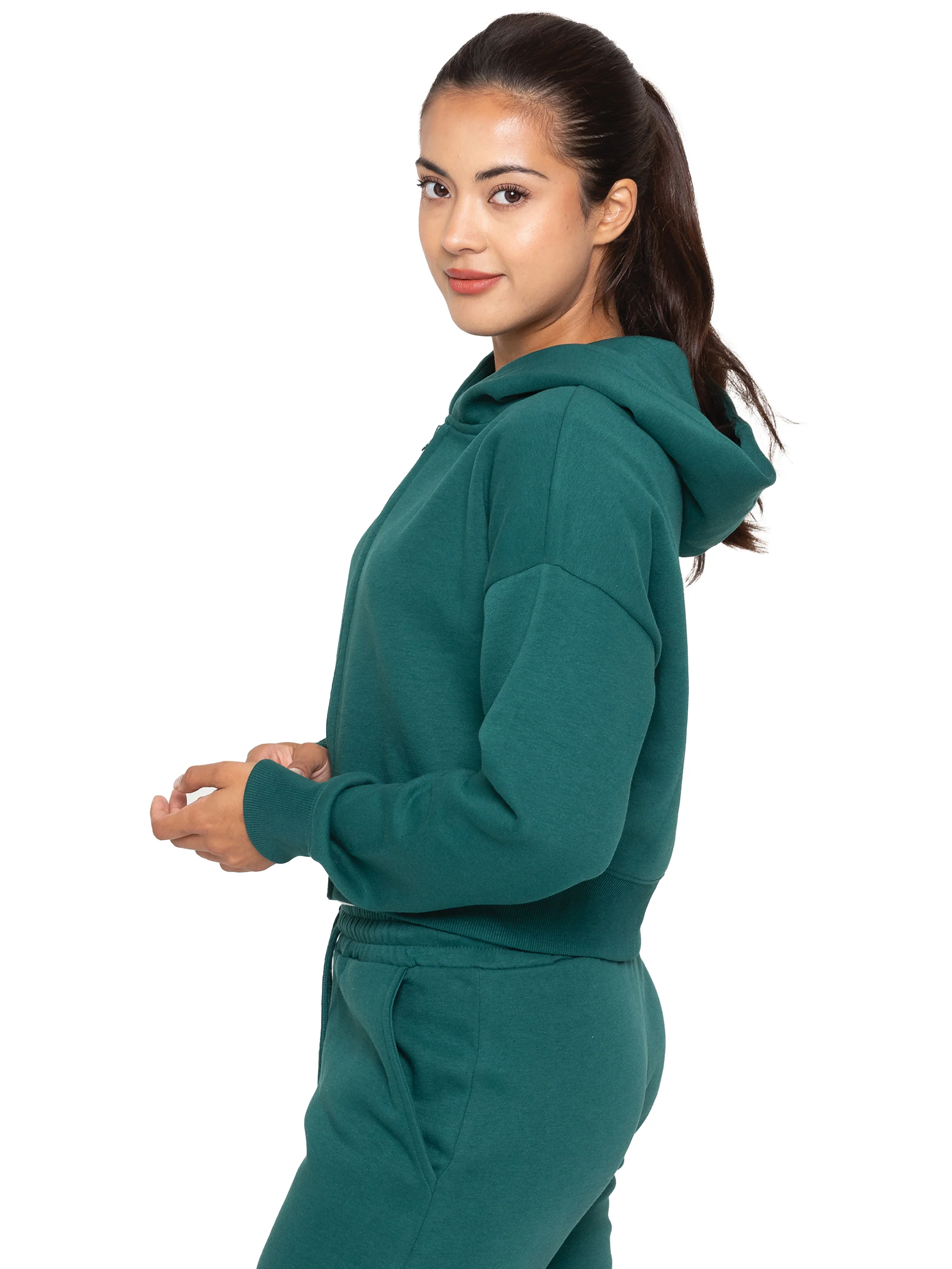 Plush Crop Zip Hoodie - Forest Green - Image 3