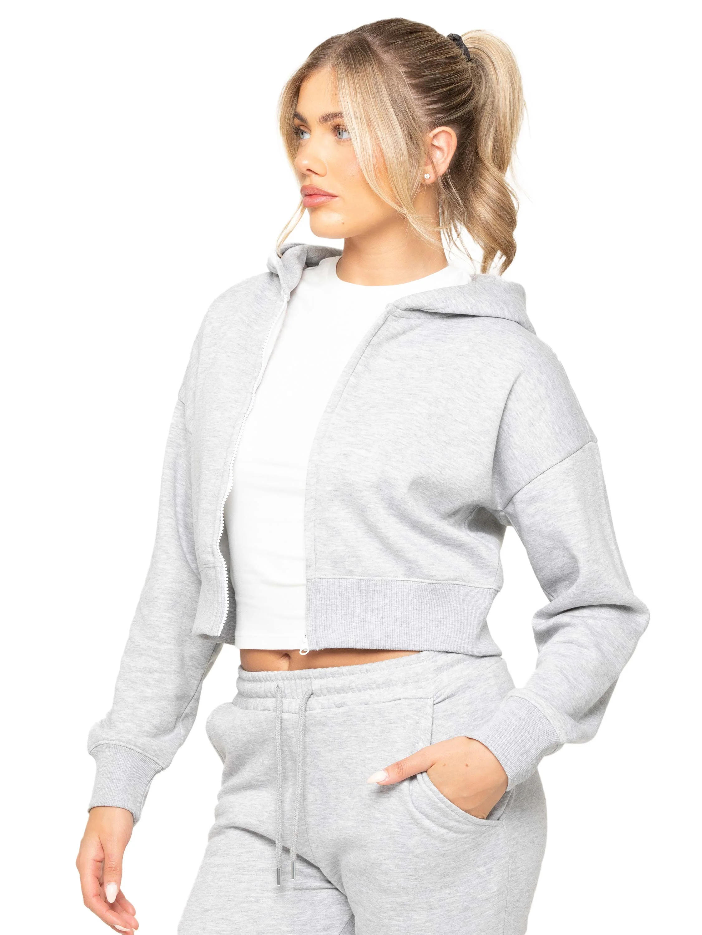 Plush Crop Zip Hoodie - Grey