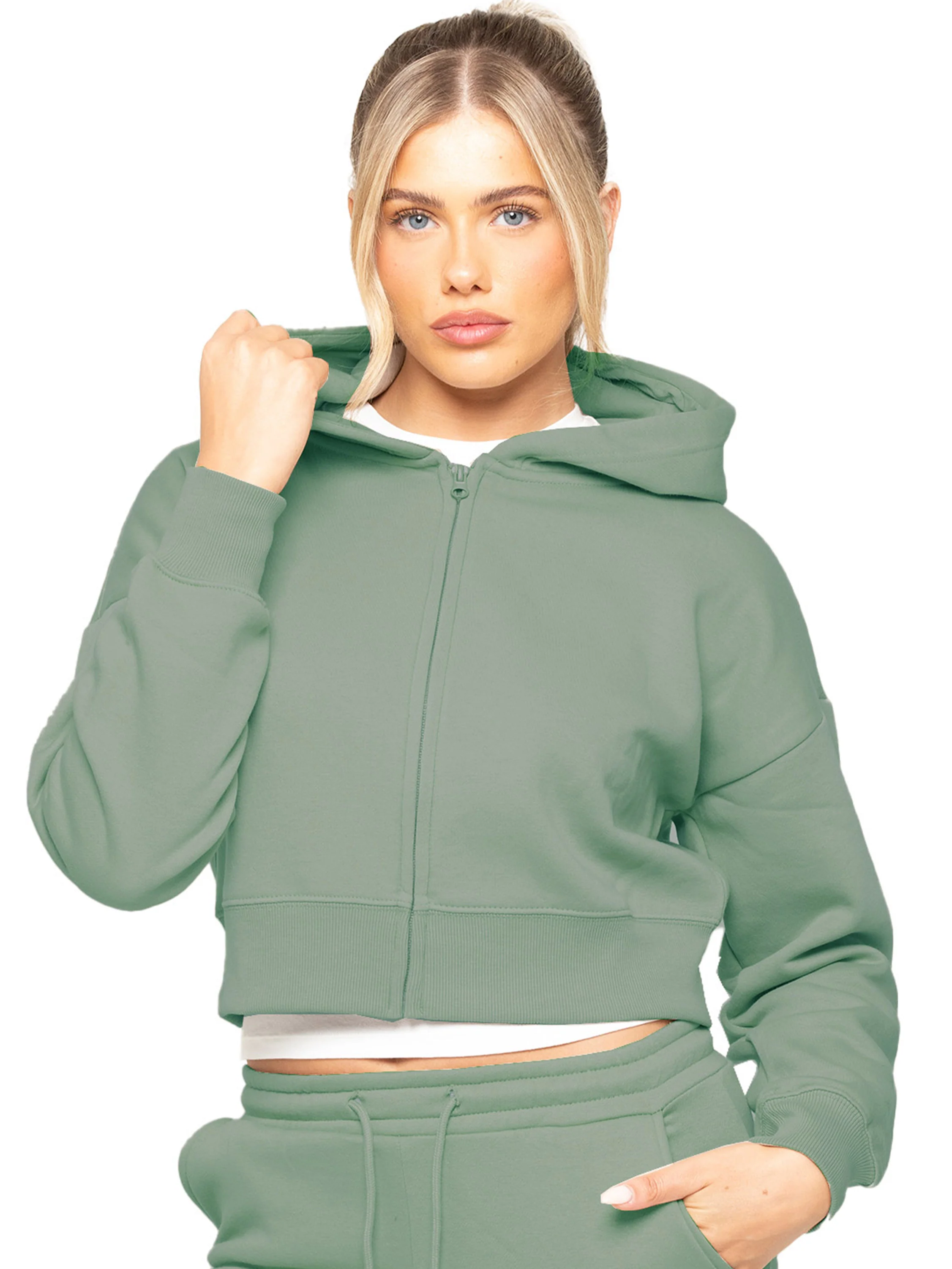 Plush Crop Zip Hoodie - Khaki