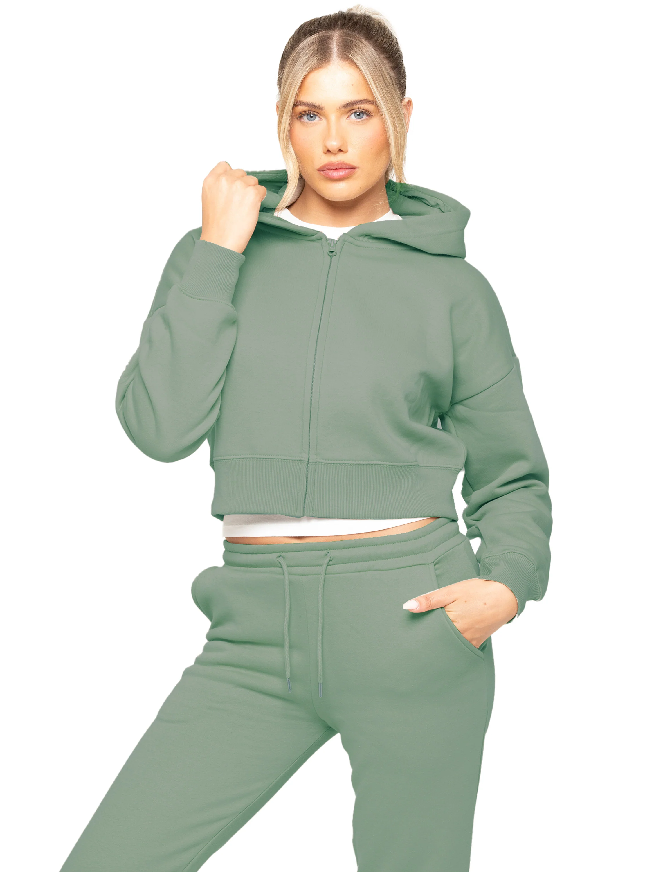 Plush Crop Zip Hoodie - Khaki - Image 3