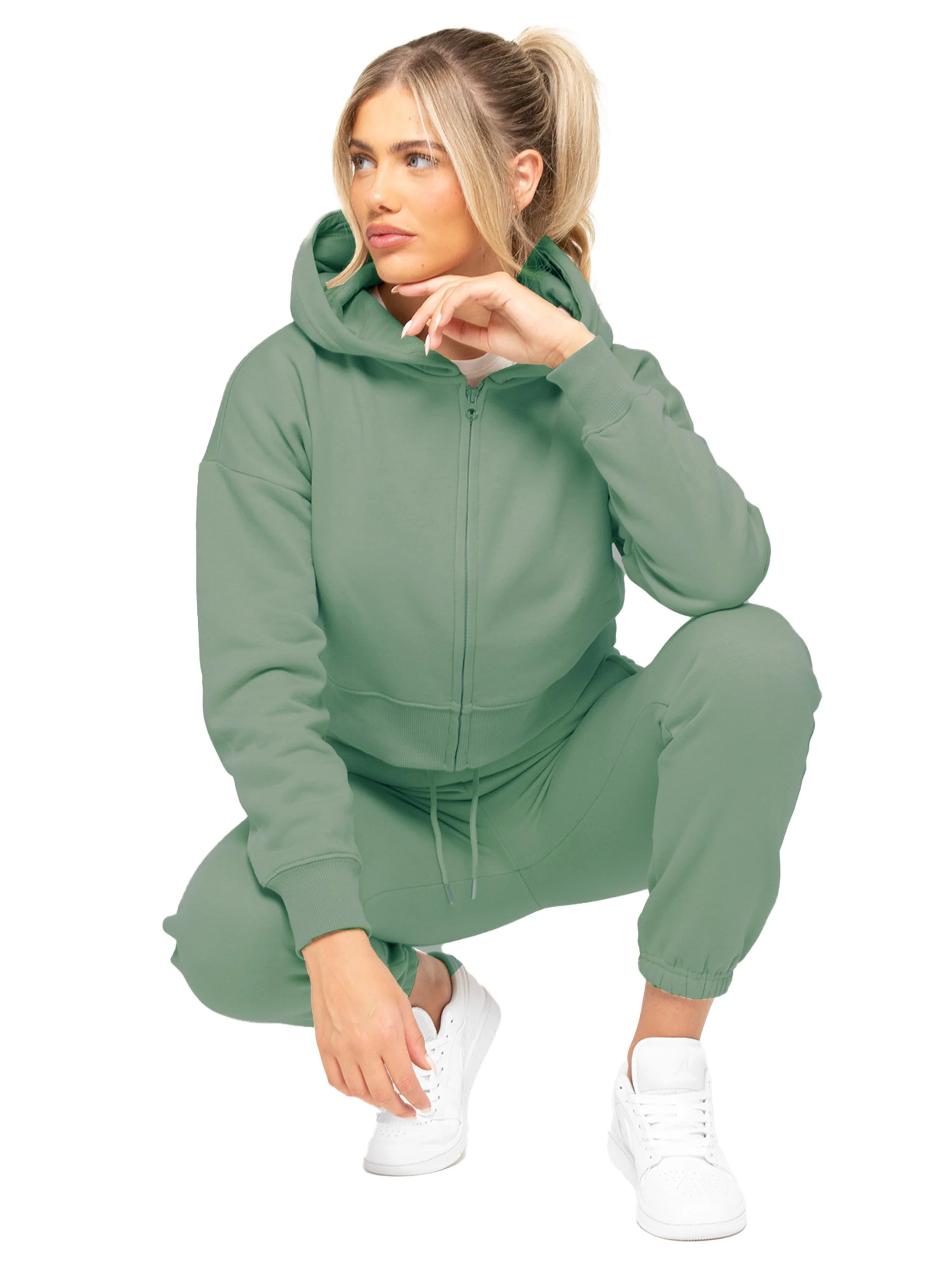 Plush Crop Zip Hoodie - Khaki - Image 4