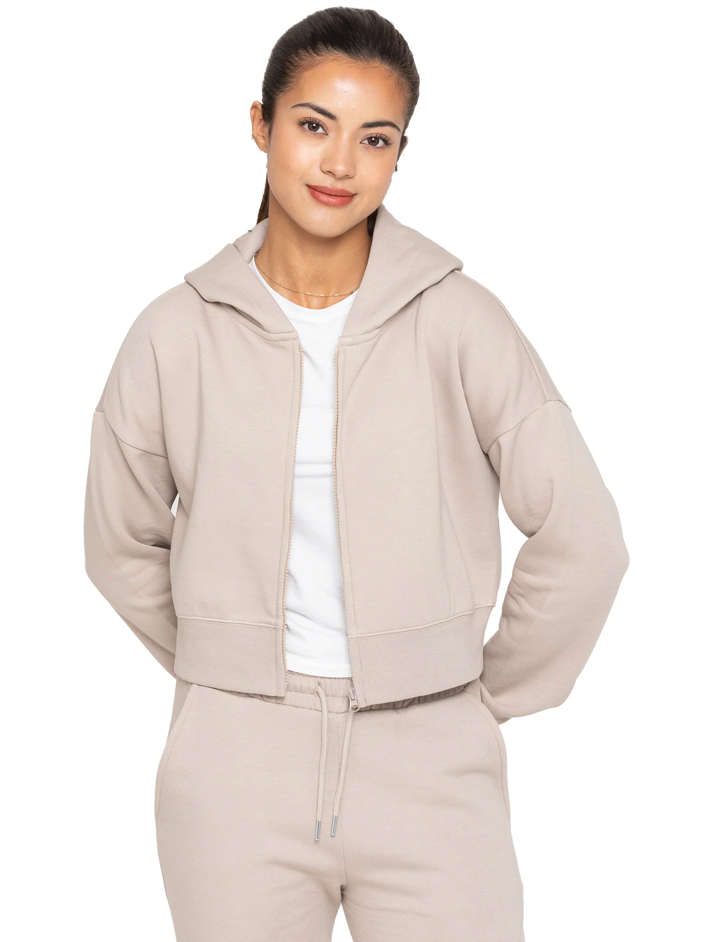 Plush Crop Zip Hoodie - Oatmeal - Image 3