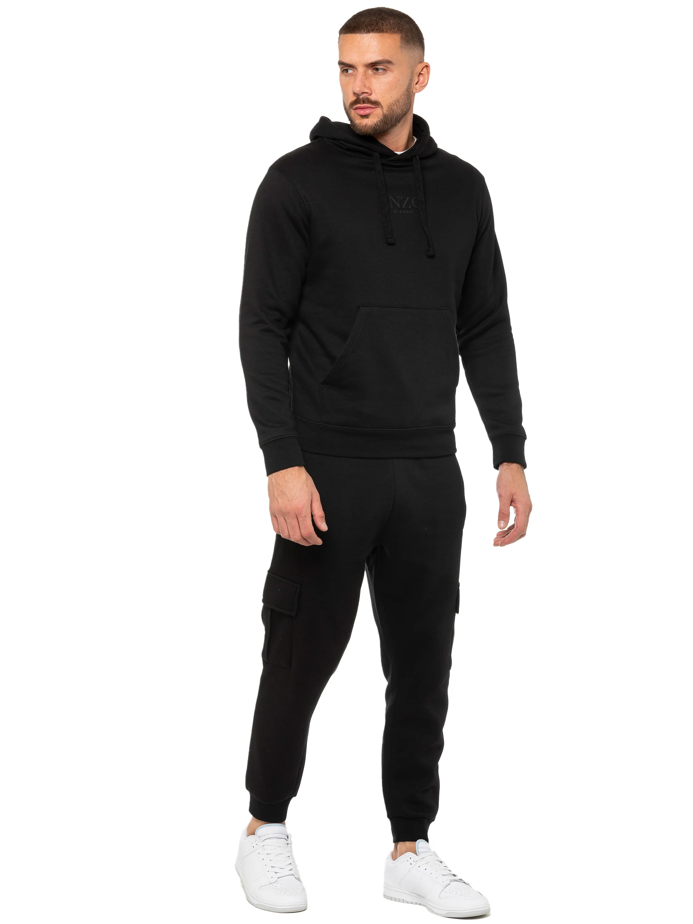 Pullover Hoodie and Cargo Joggers Set - Black - Image 3