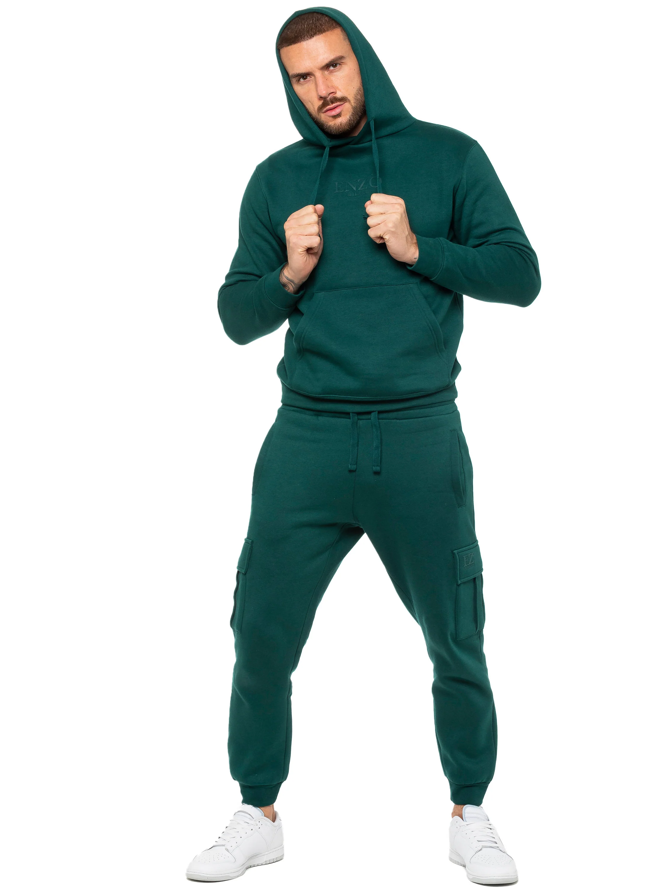 Pullover Hoodie and Cargo Joggers Set - Green - Image 3