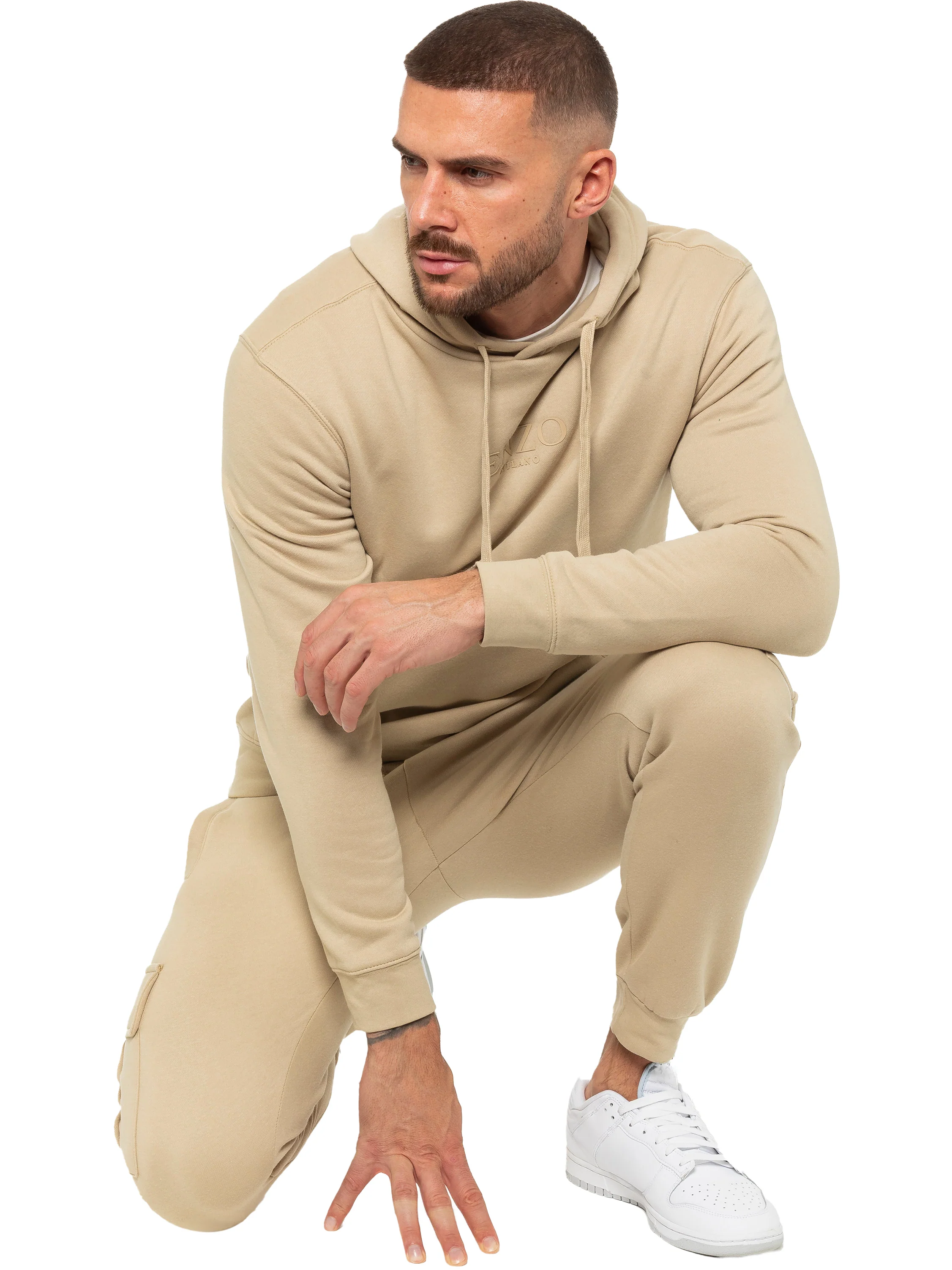 Pullover Hoodie and Cargo Joggers Set - Stone - Image 3