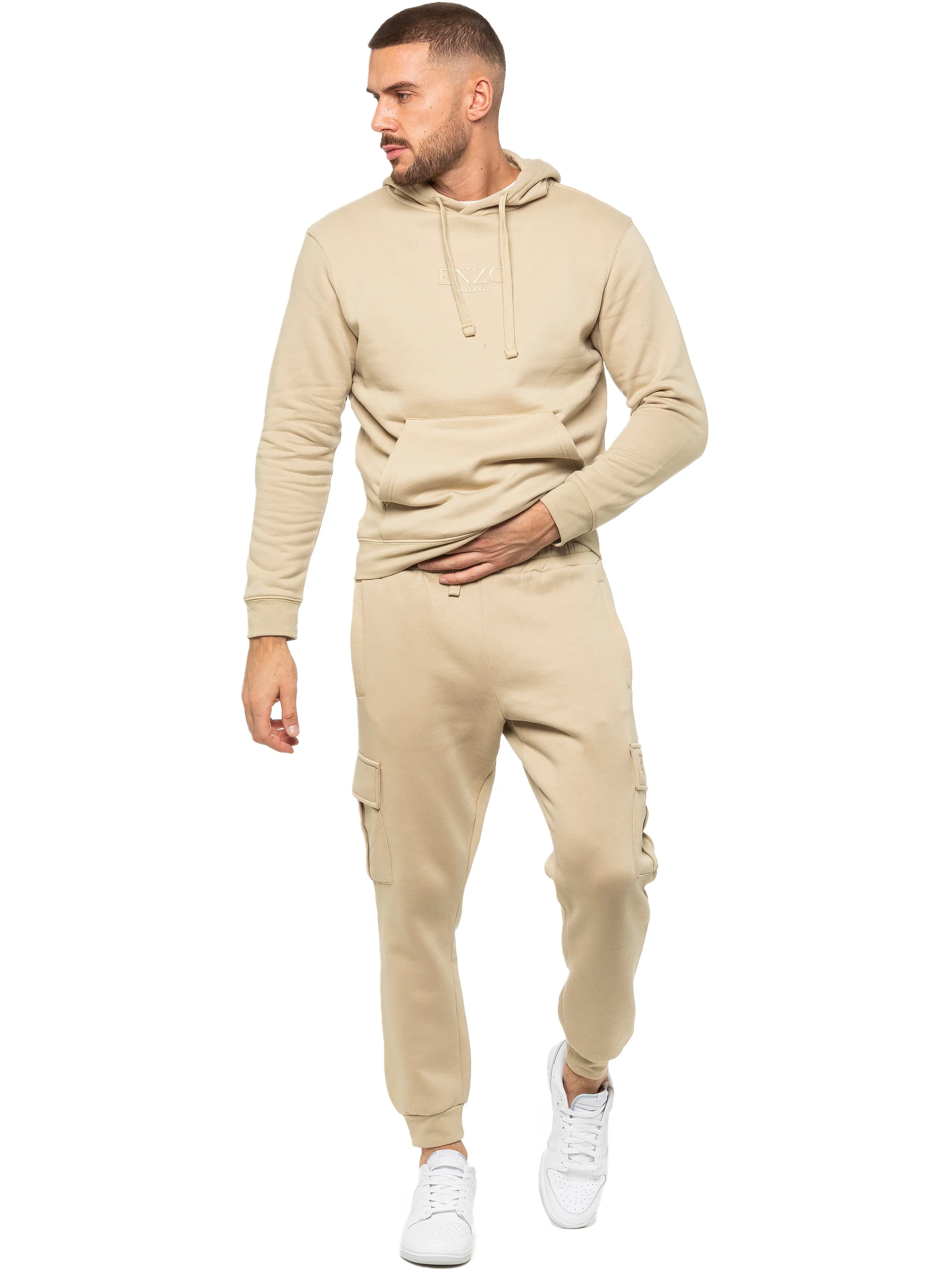 Pullover Hoodie and Cargo Joggers Set - Stone - Image 4