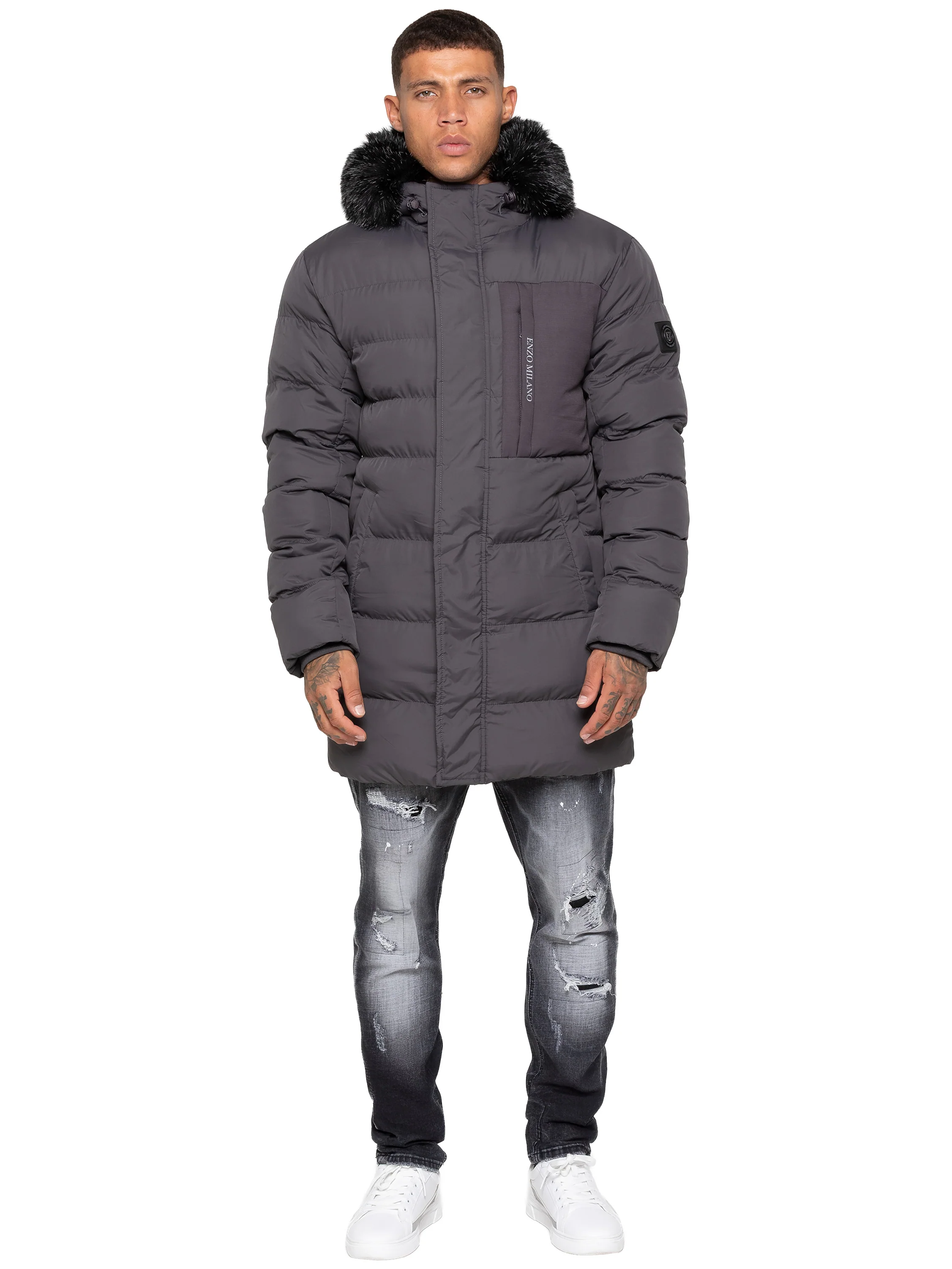 Stefano Longline Hooded Puffer Coat Jacket - Grey - Image 2