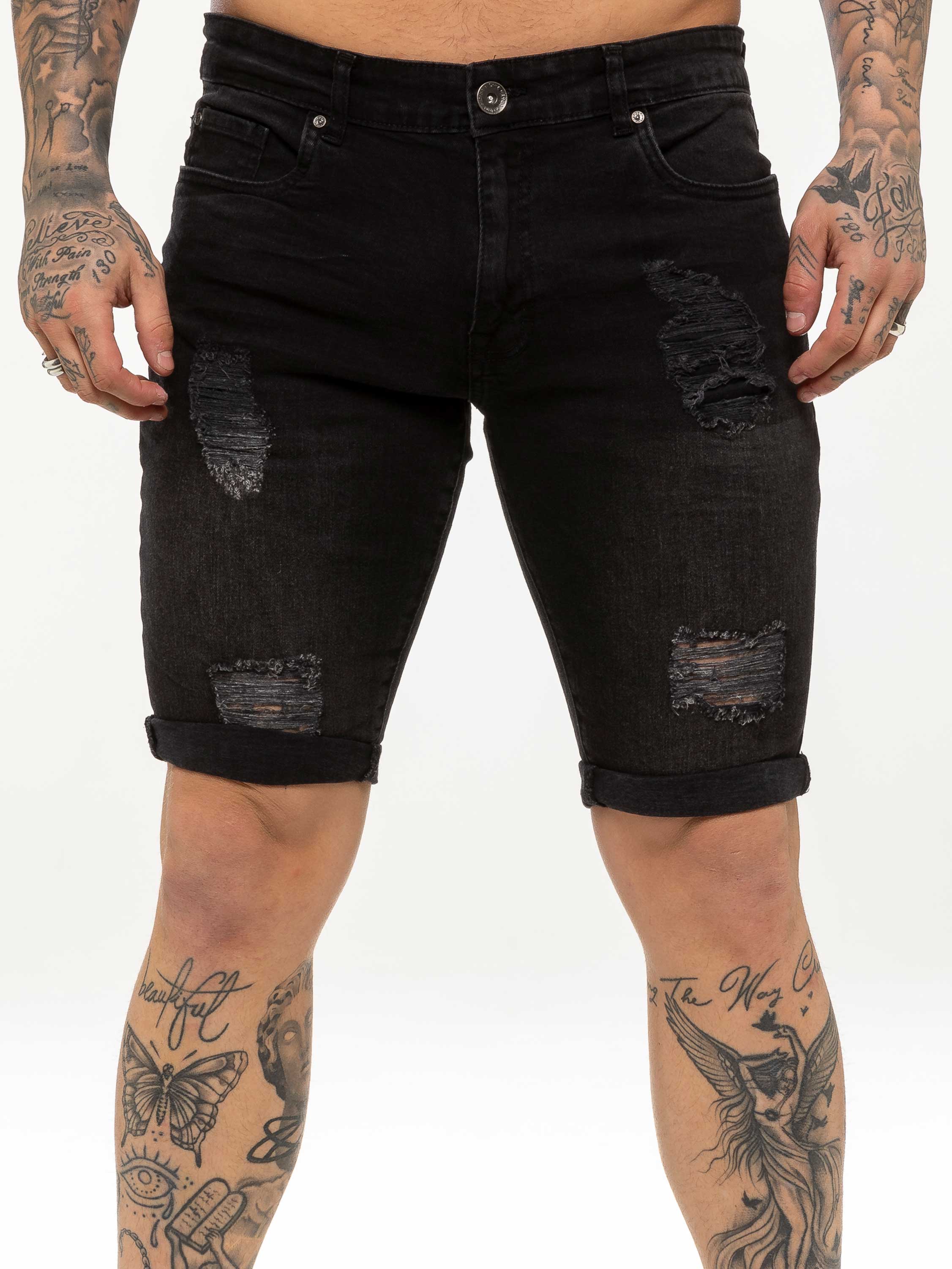 Theo Stretch Rip Denim Shorts - Black