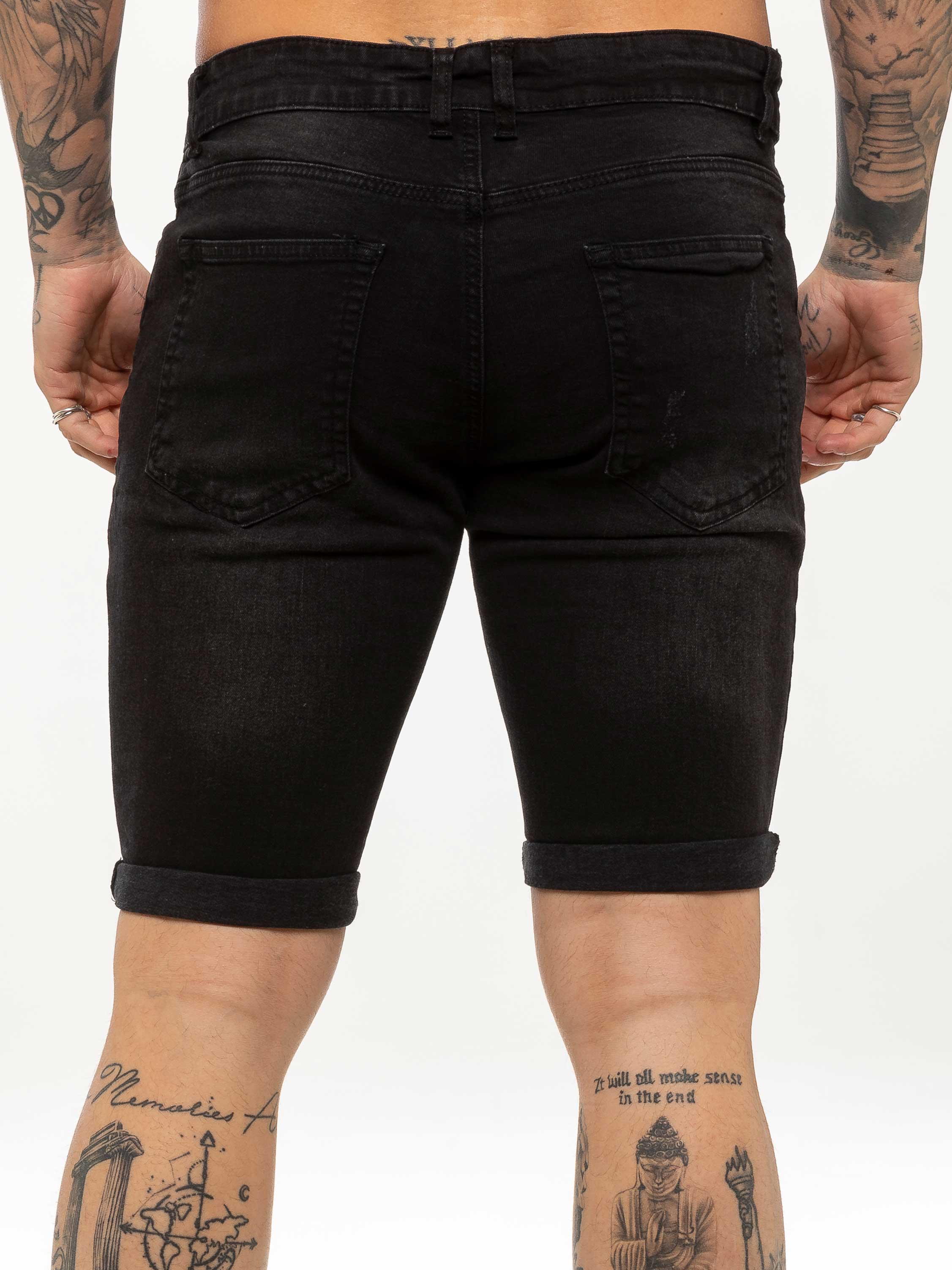 Theo Stretch Rip Denim Shorts - Black - Image 2