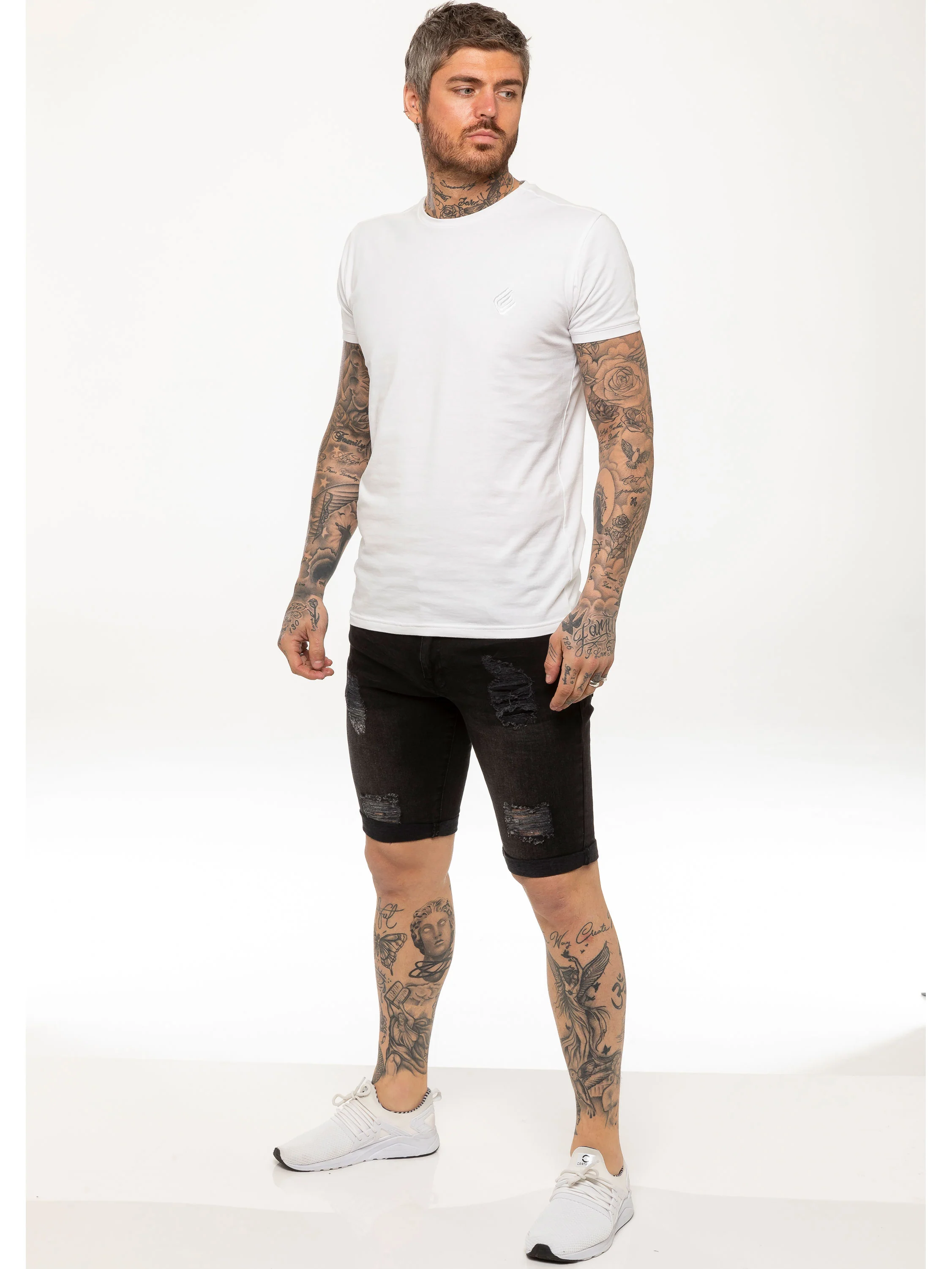 Theo Stretch Rip Denim Shorts - Black - Image 3