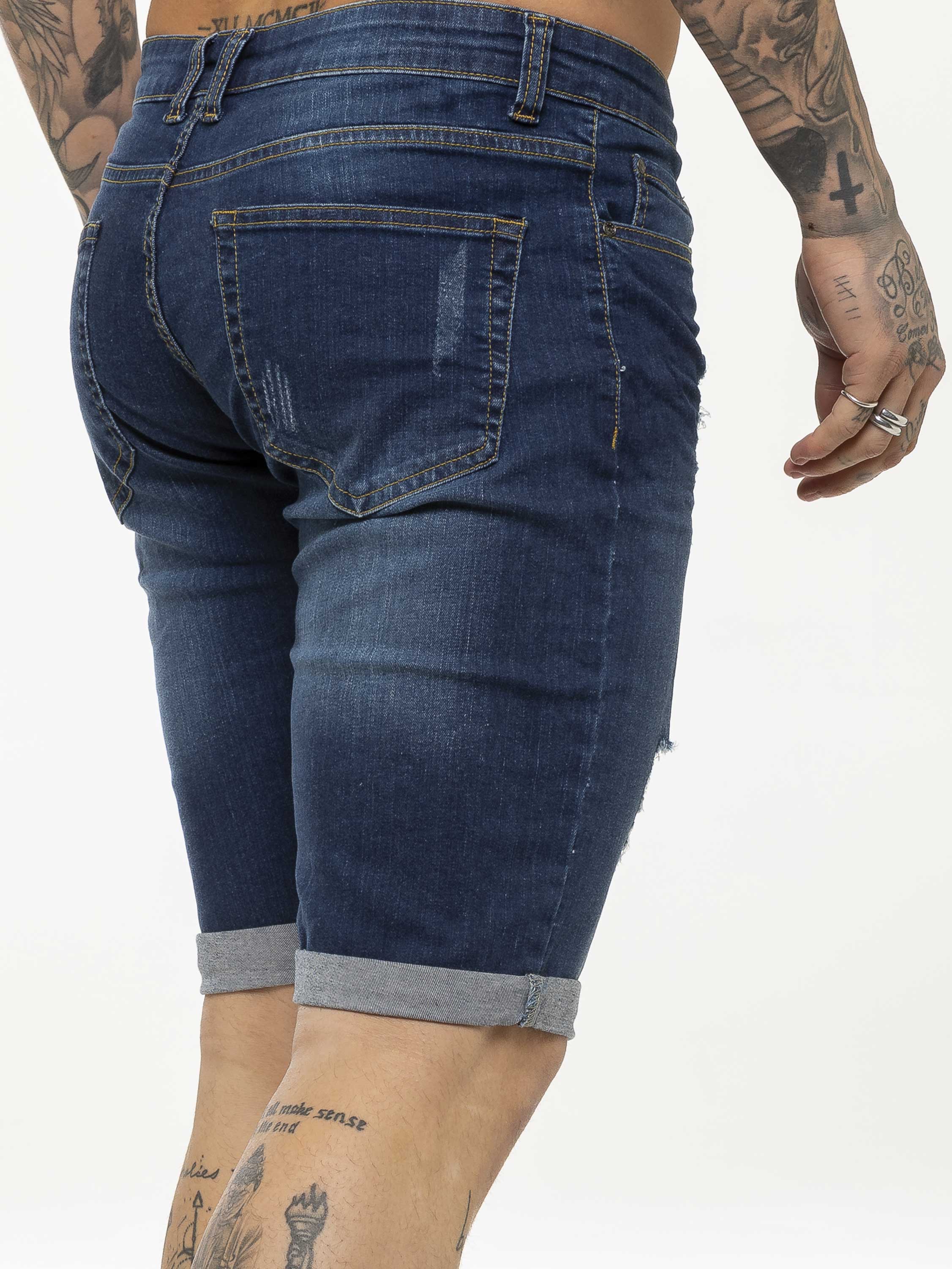 Theo Stretch Rip Denim Shorts - Blue - Image 2