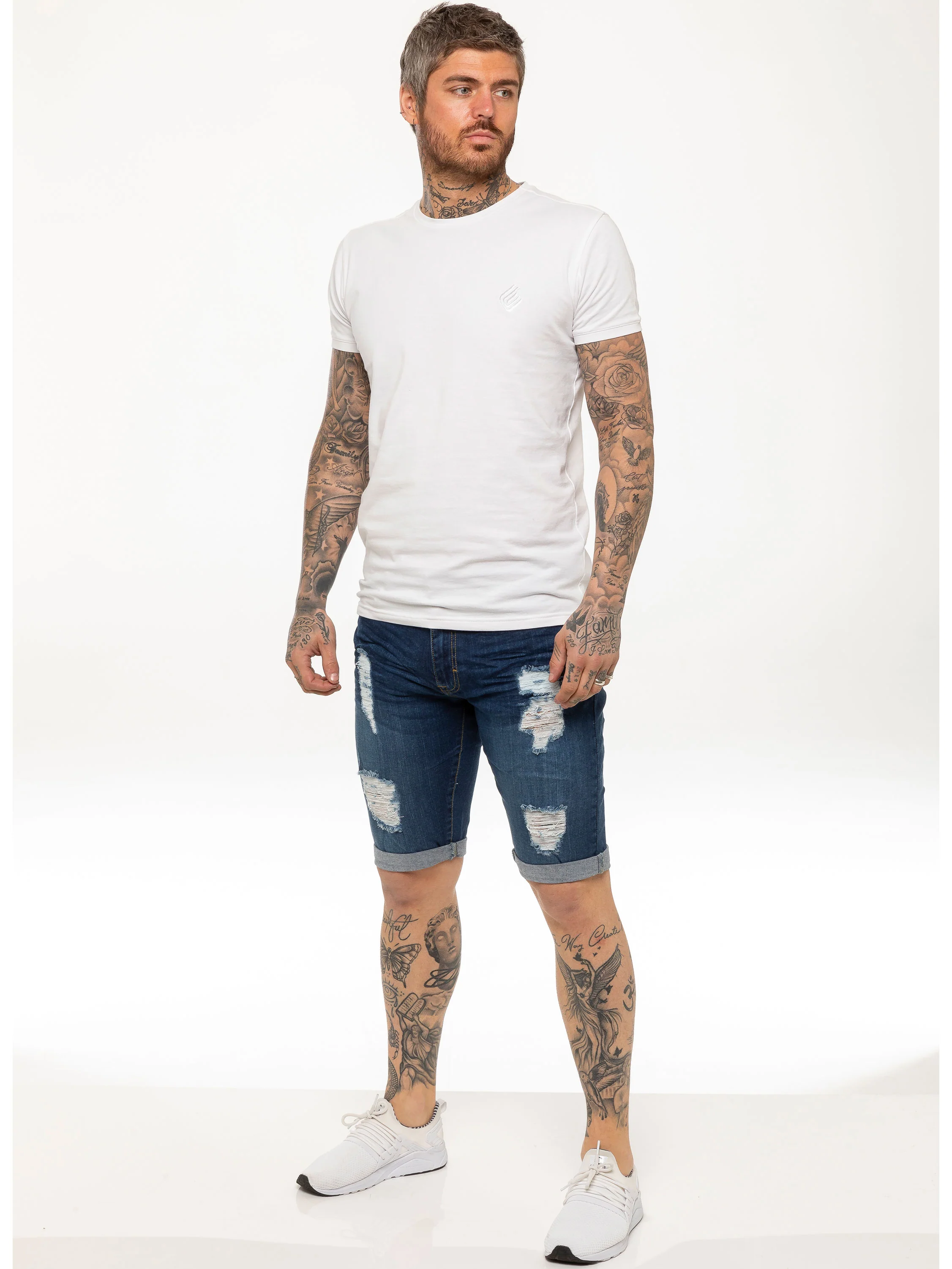 Theo Stretch Rip Denim Shorts - Blue - Image 3