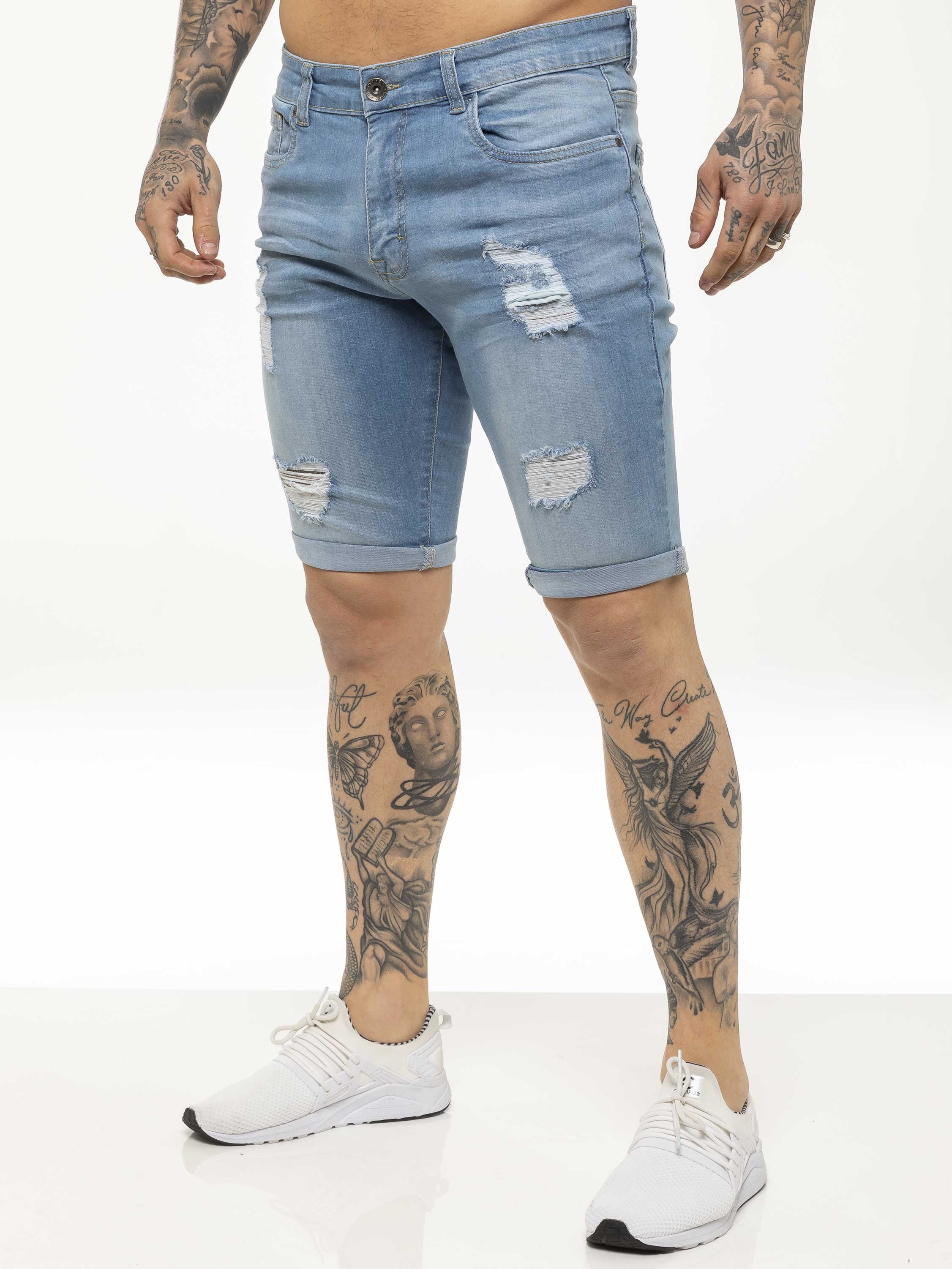 Theo Stretch Rip Denim Shorts - Light Blue - Image 3
