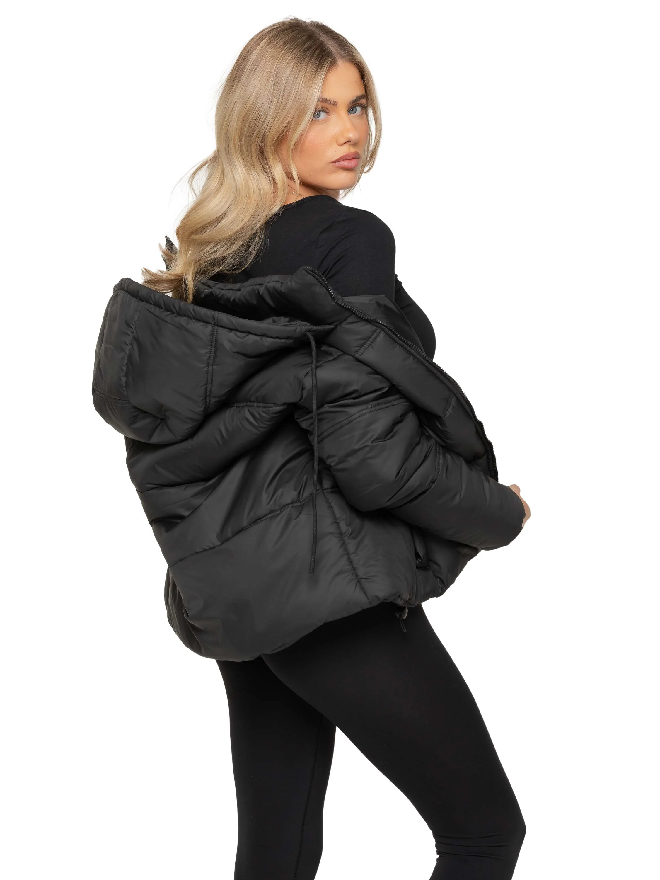 Women's Hooded Puffer Coat - Black - Image 2