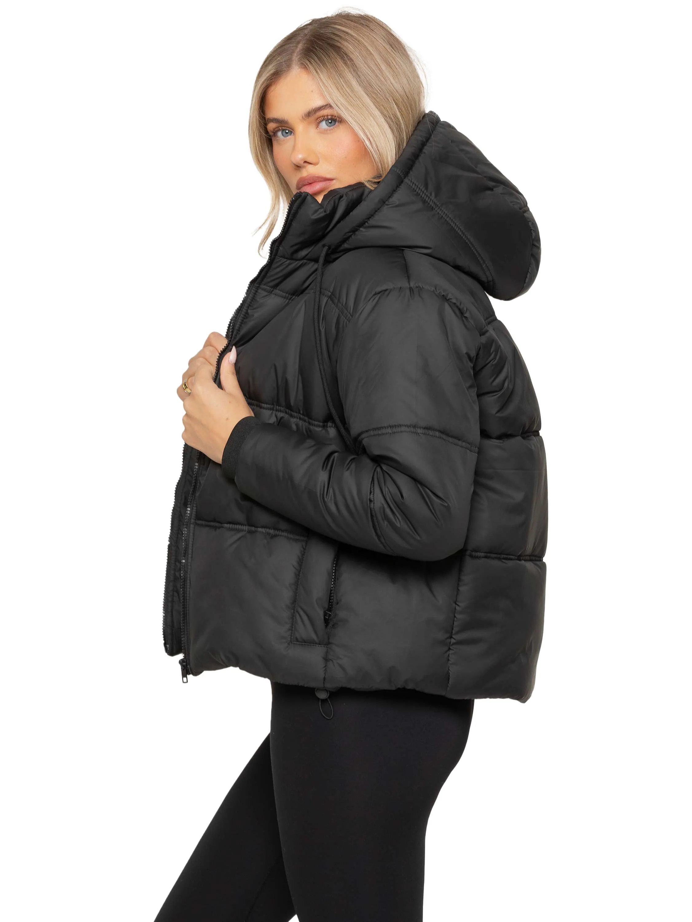 Women's Hooded Puffer Coat - Black - Image 5