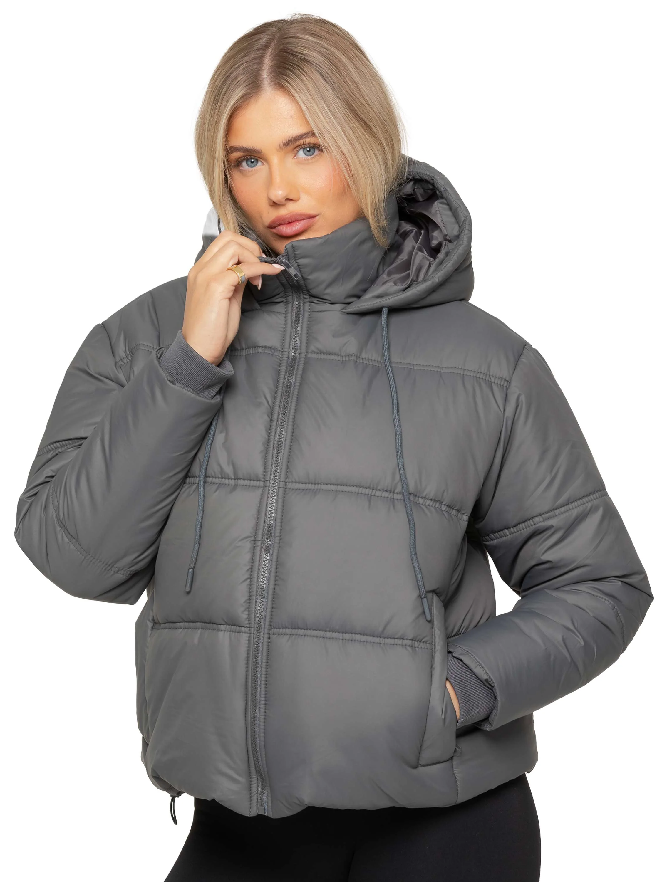 Women's Hooded Puffer Coat - Grey