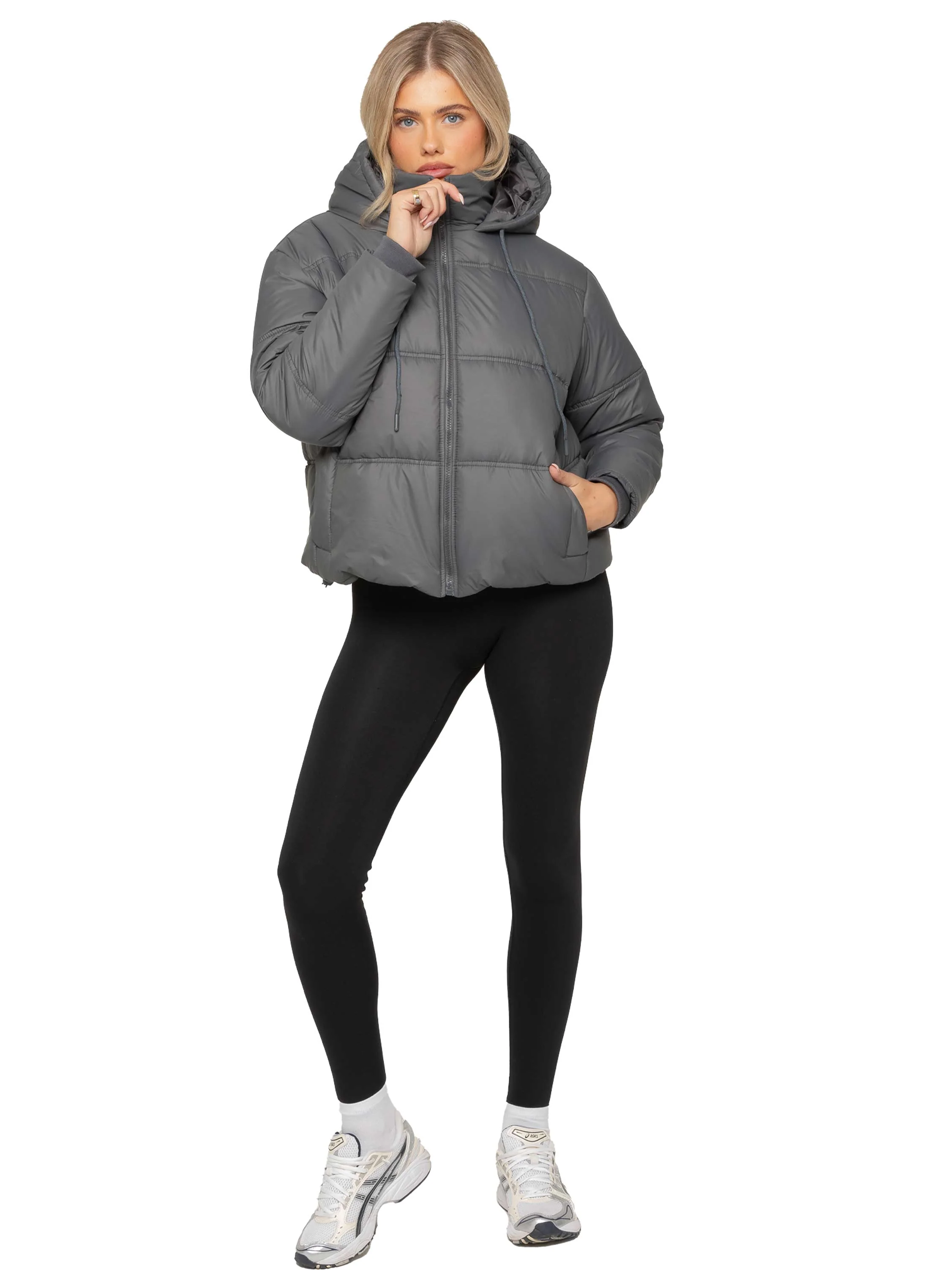 Women's Hooded Puffer Coat - Grey - Image 4