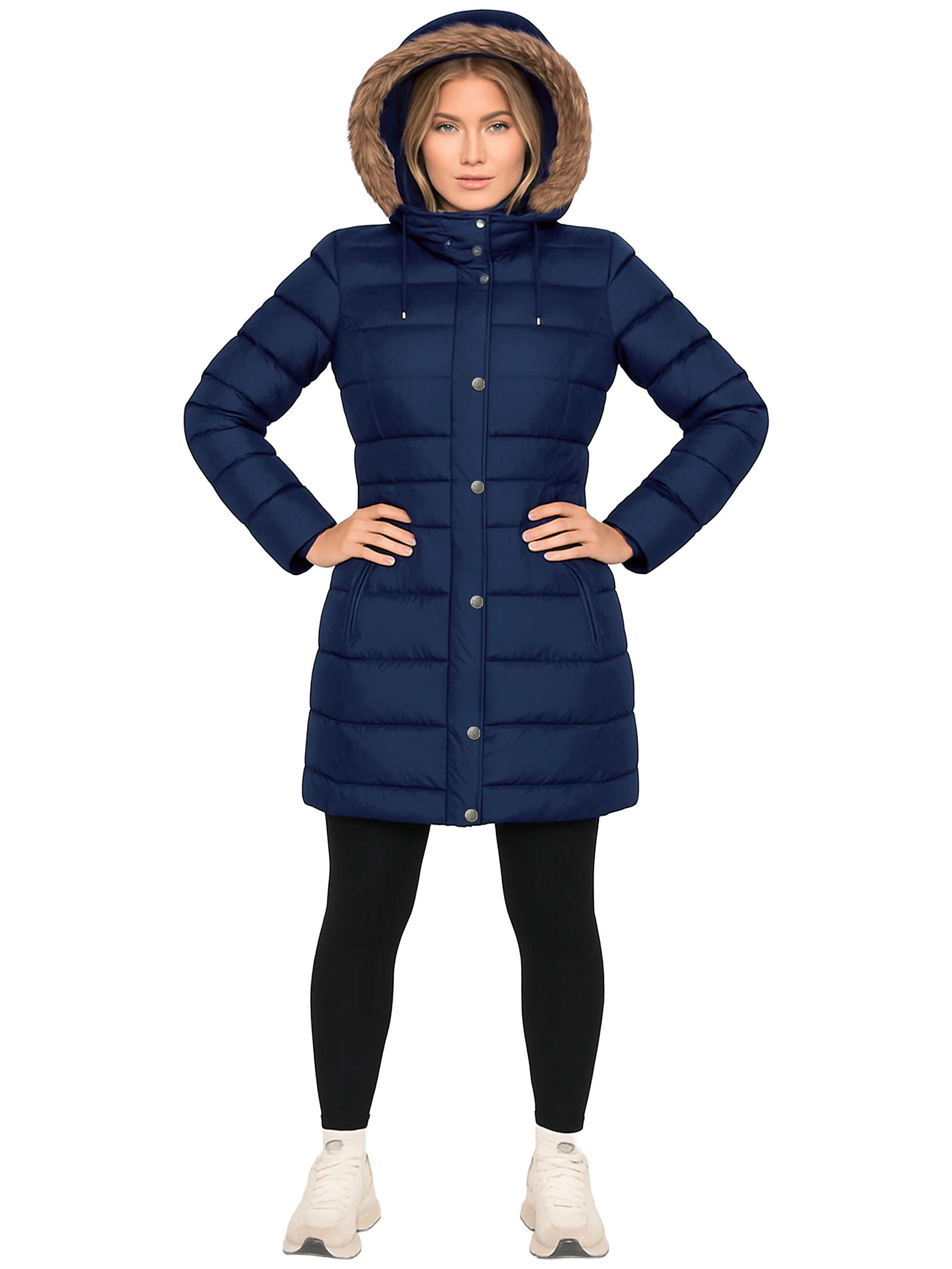 Women's Longline Hooded Puffer Jacket - Navy - Image 2
