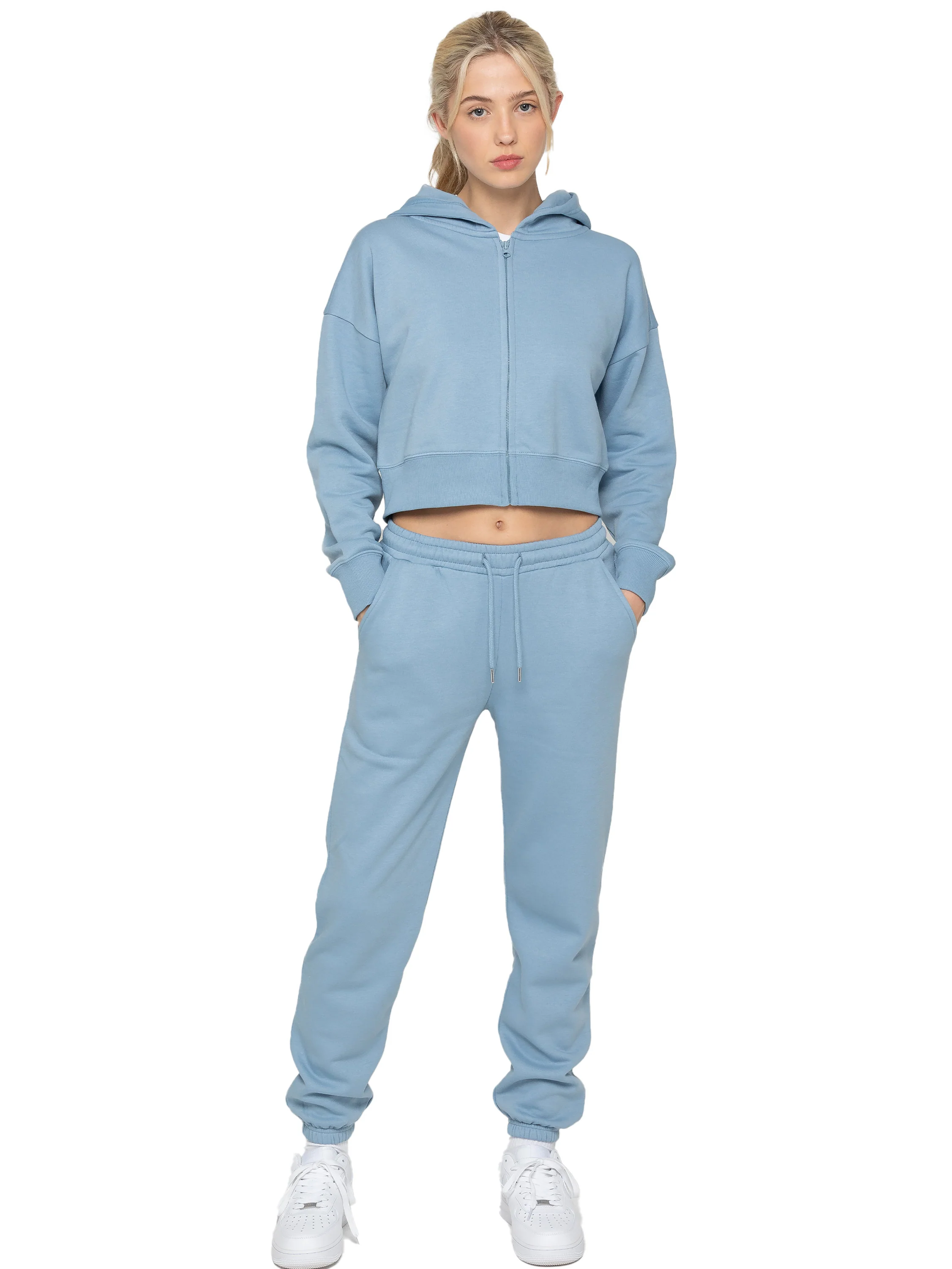 Zip Crop Hoodie and Jogger Set - Blue