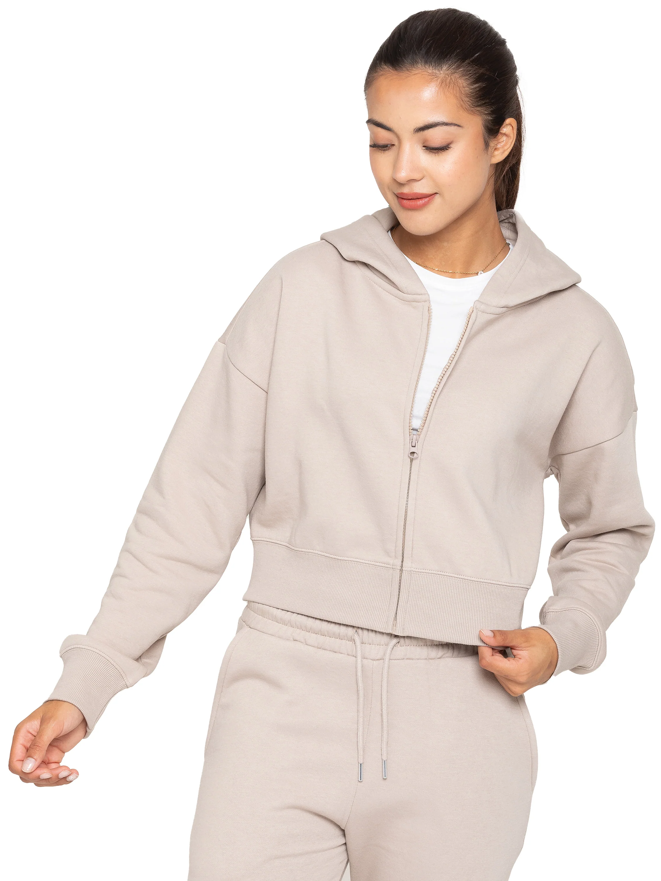 Zip Crop Hoodie and Jogger Set - Oatmeal - Image 4