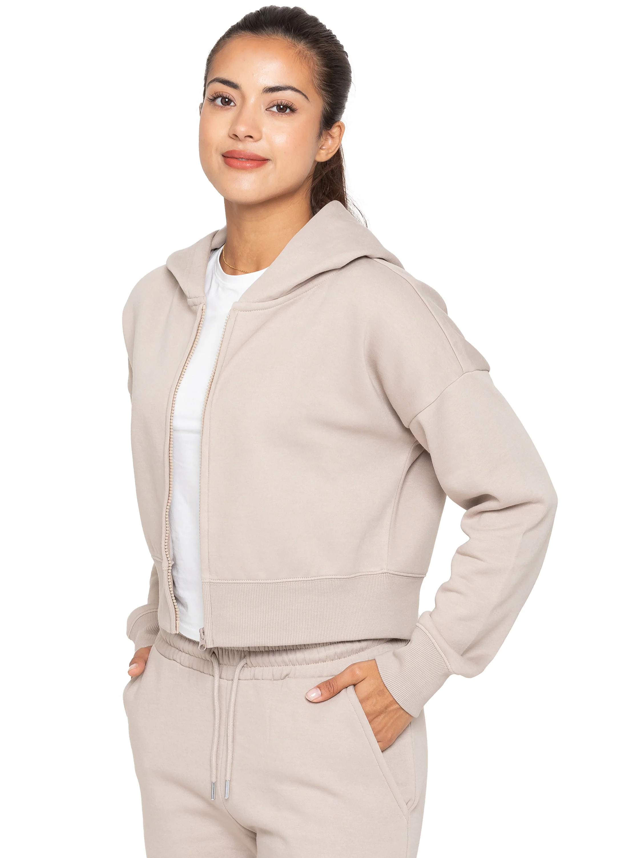 Zip Crop Hoodie and Jogger Set - Oatmeal - Image 5